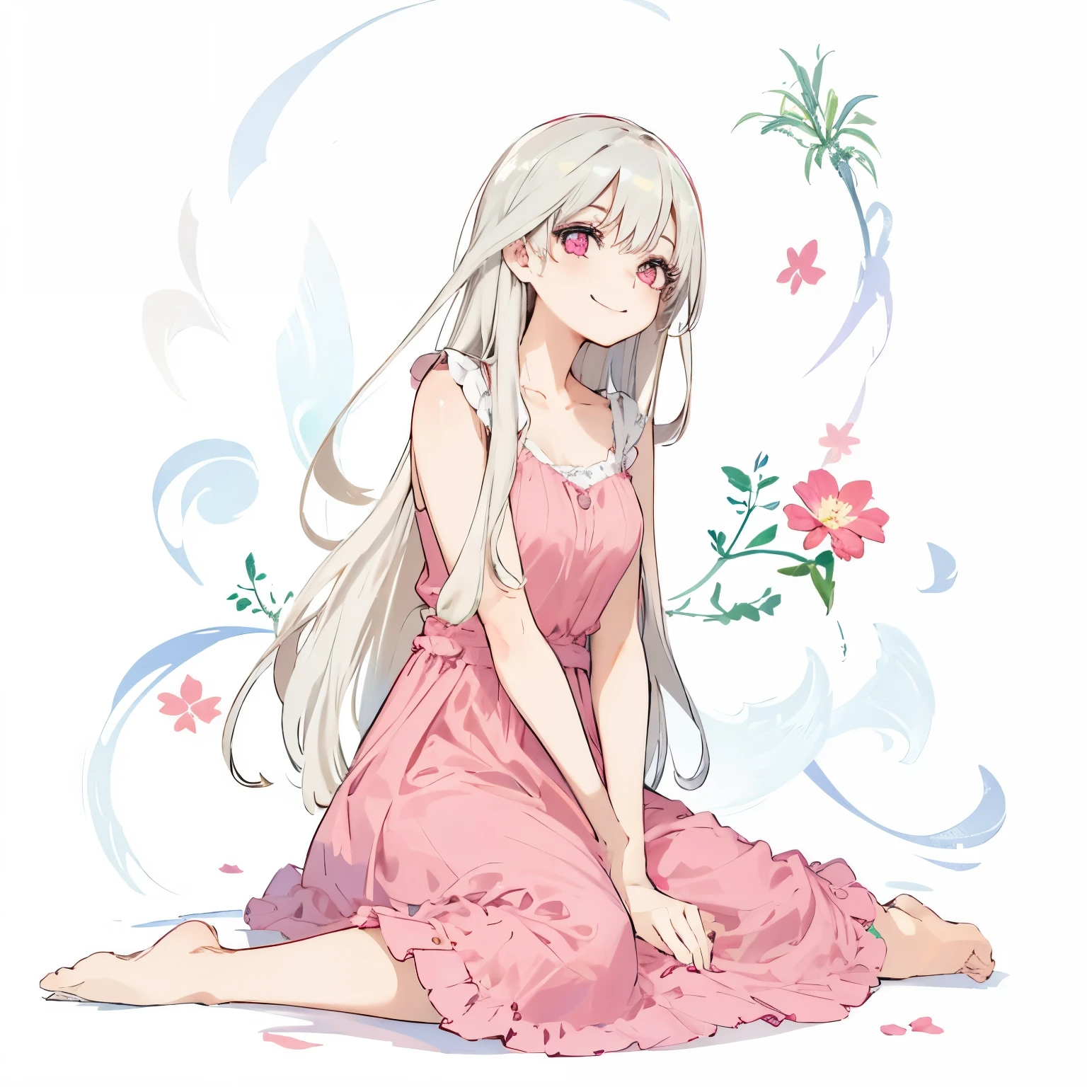 1 girl、girl、sitting、silver hair、long hair、fluffy hair、pink eyes、beautiful eyes、smile、ephemeral、flower、one piece
