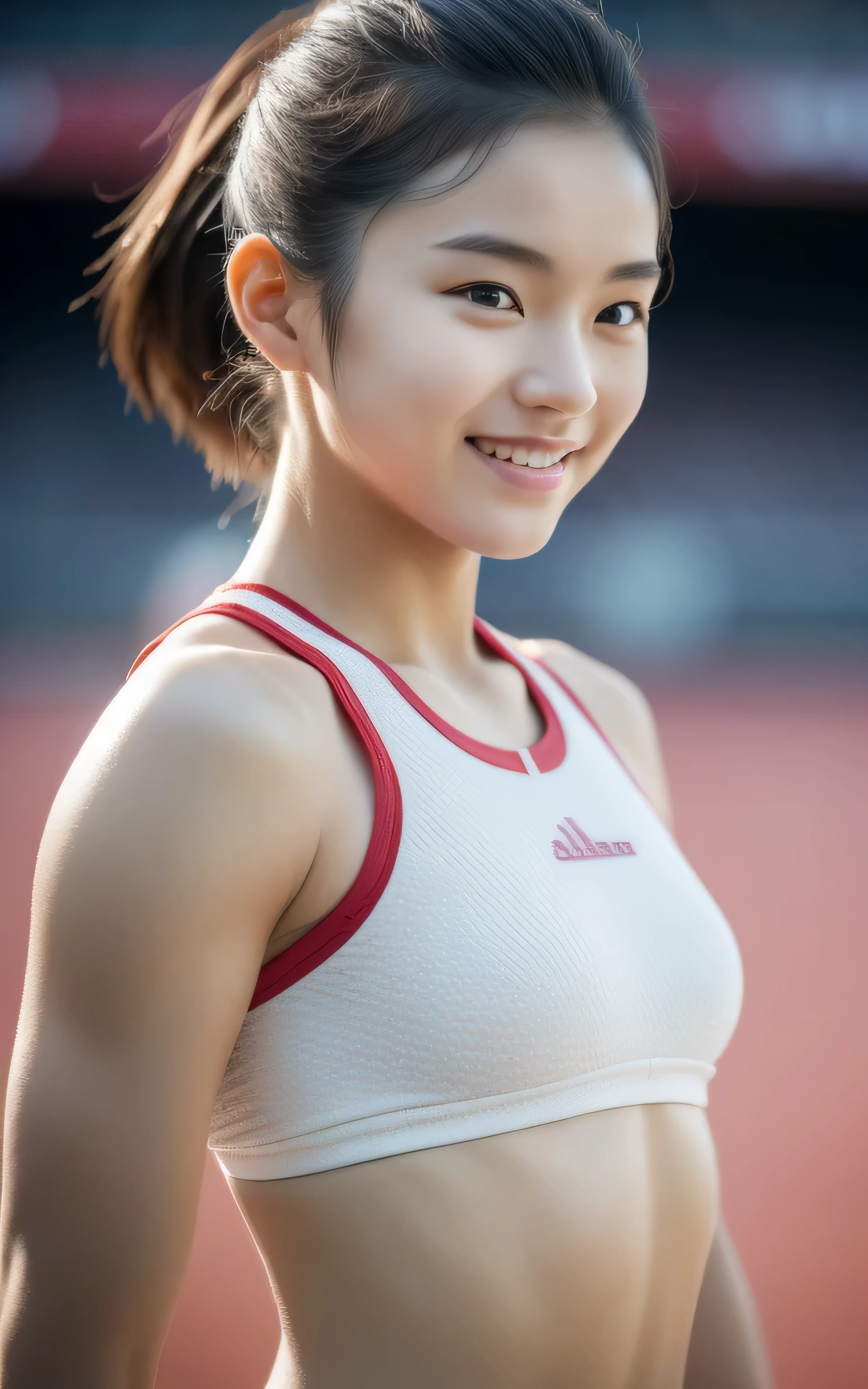((top quality、32k、A masterpiece of photography、ultra high resolution、Absolutely clear focus、focus eyes,Hasselblad photos)),1 real photography photo, ((Seven-point shot)),1 person,korean girl,18 years old,athlete,posture,smile slightly,Super cute,ponytail hairstyle,((White skin)),Round shoulders,((Shapely waist)),The skin details are absolutely exquisite,Absolutely detailed skin texture,textured skin,Light makeup,Bust 32 inches,Track and field uniform,((at the stadium)),sunset light,The sun shines on the face