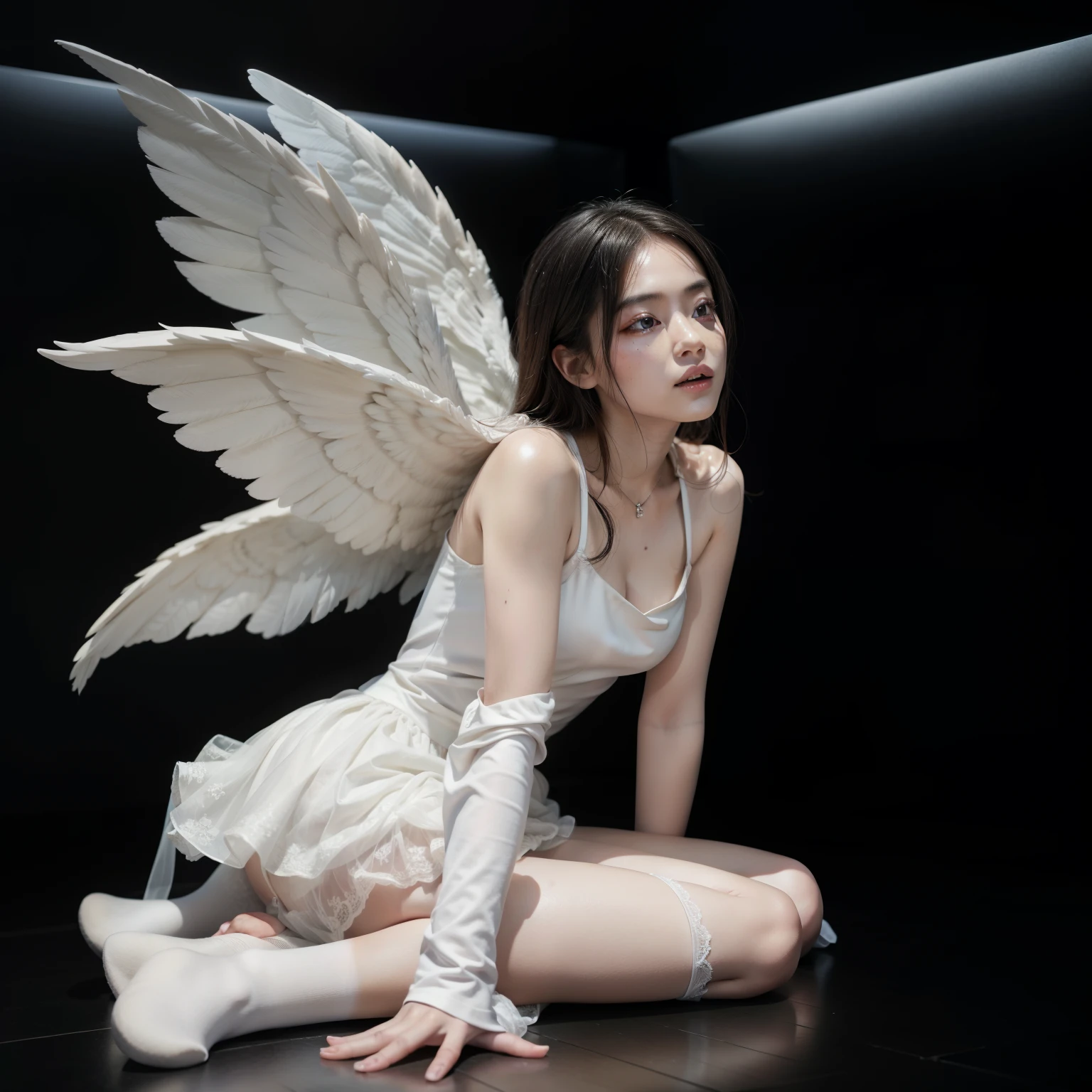 there is a woman sitting on a pedestal with a white dress, a picture by Marie Angel, tumblr, baroque, emma watson as an angel, beautiful angel, natalie shau, as a heavenly angel, of an beautiful angel girl, beautiful female angel, ballerina, beautiful fairie, dressed as a ballerina, a beautiful pole dancing fairie, beautiful fairy