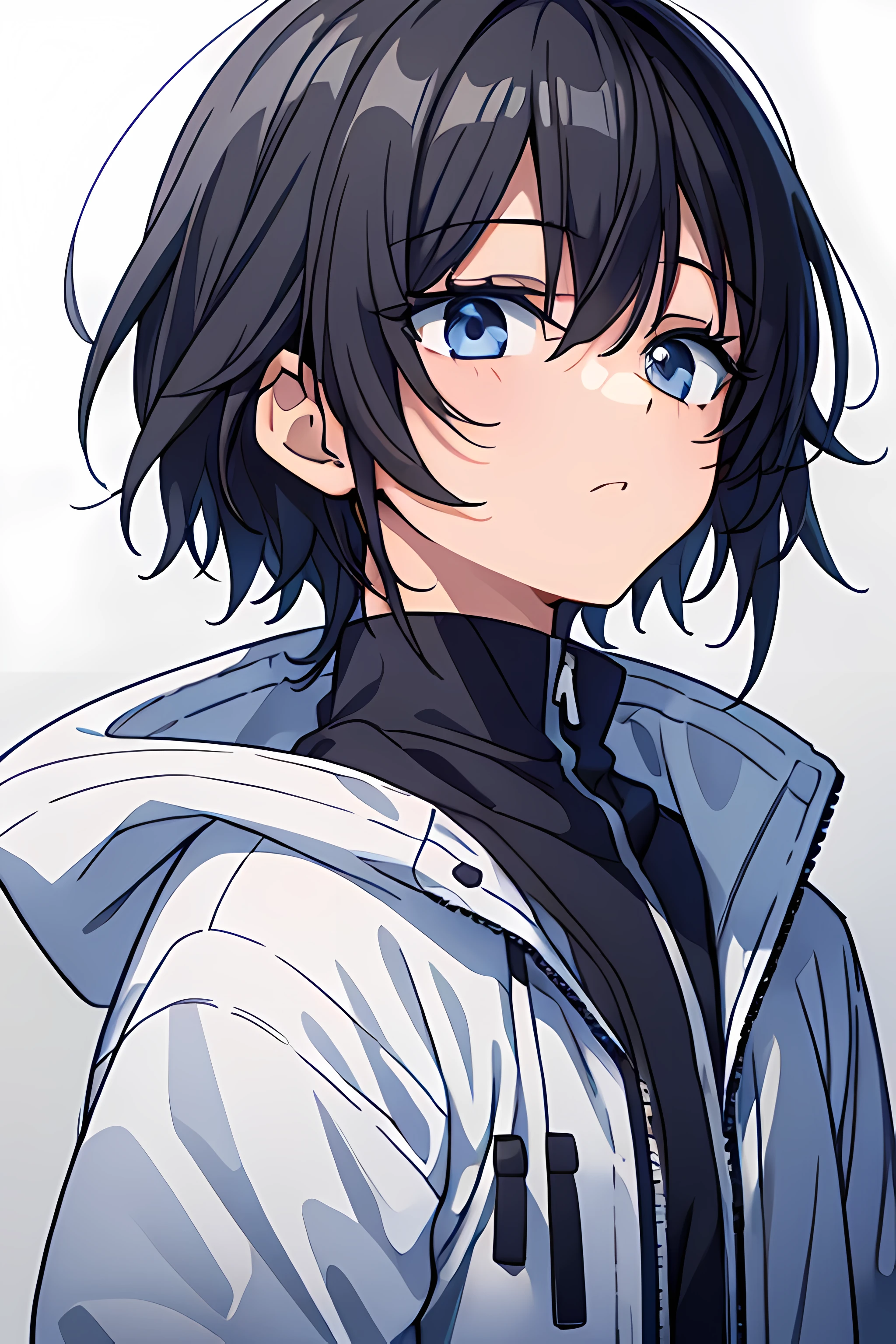 1boy,solo,1boy,solo,((detailed eyes)), black eyes, (detailed light),depth of field,(black hair),medium length hair, wearing a white jacket,wet, timid, scared, white background,falling,sketch,upper body,intense shadows