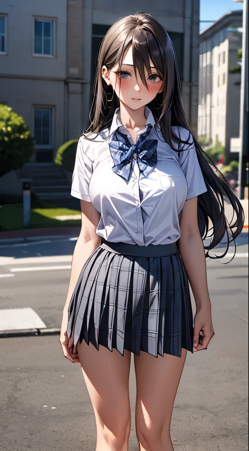 (masterpiece:1.2, highest quality), (realistic, photorealistic:1.4), beautiful illustrations, 
looking at the viewer, whole body, Front view:0.6, 
1 girl, Japanese, high School girl, (long hair:1.5), blown hair, (half up, half updo), bangs, hair between eyes, big breasts:0.8, 
beautiful hair, beautiful face, detailed and beautiful eyes, beautiful clavicle, beautiful body, beautiful breasts, beautiful thighs, beautiful feet, beautiful fingers, 
(beautiful scenery), , School,
((collared short sleeve shirt, white shirt, School uniform, Grey plaid pleated skirt, blue plaid bow tie)), white panties, 
(Are standing, , lift the skirt, grab the hem of the skirt, put your hand on your chest, hand between legs), 
blush, ,
