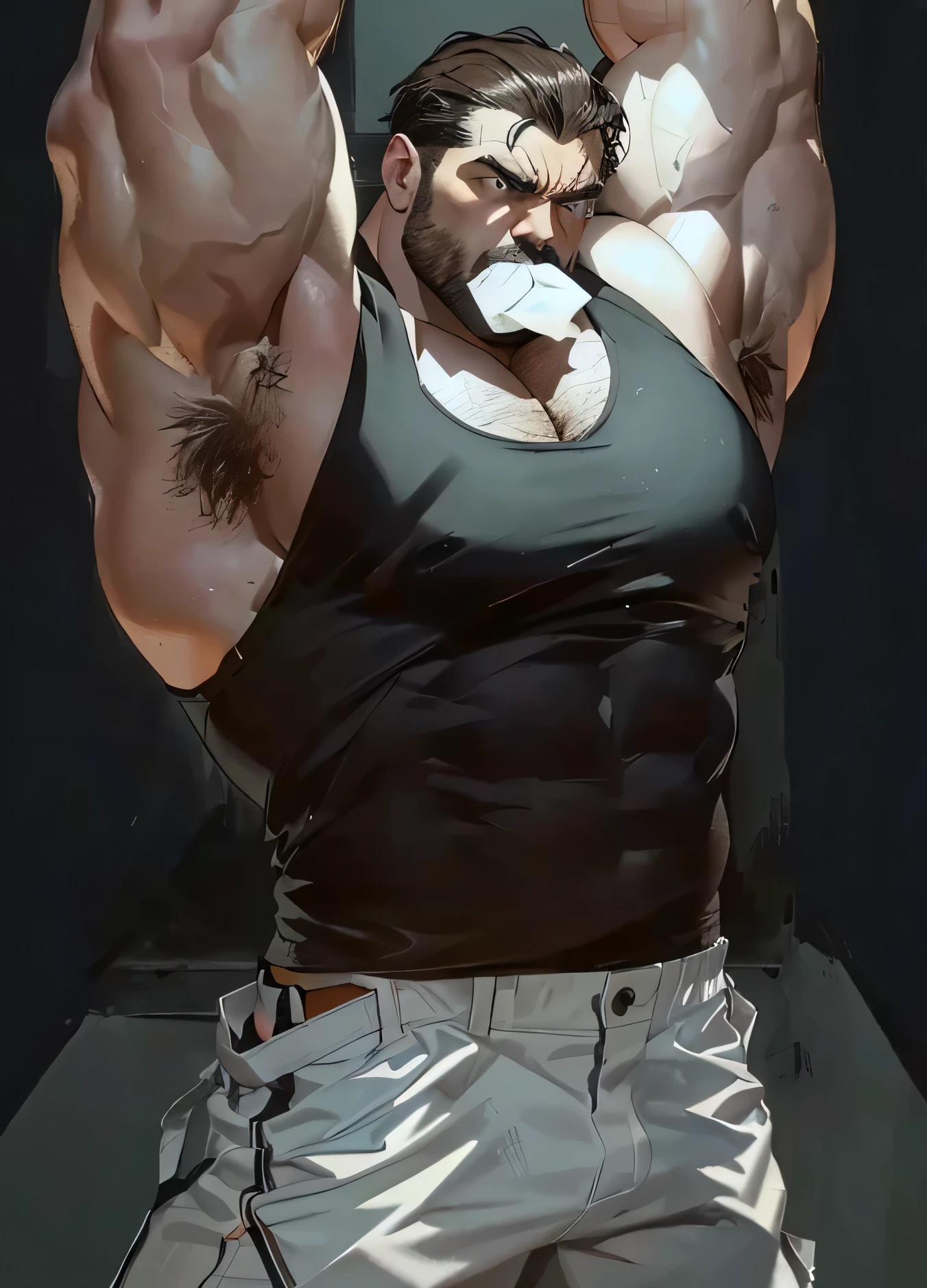 muscular的, middle-aged man,hands hanging,Staring angrily ahead,Wearing only a black vest,Wear white men's pants,Shapely figure,muscular,angular muscle,There is a white towel stuffed in the mouth,Imprisoned in a gray-green prison,brown eyes, brown hair,angry, struggle,Full body image,big crotch