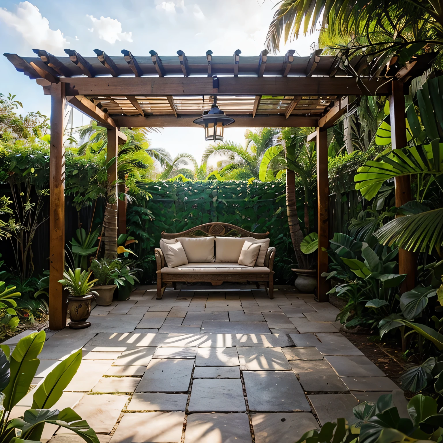 A lush tropical garden with a traditional pergola