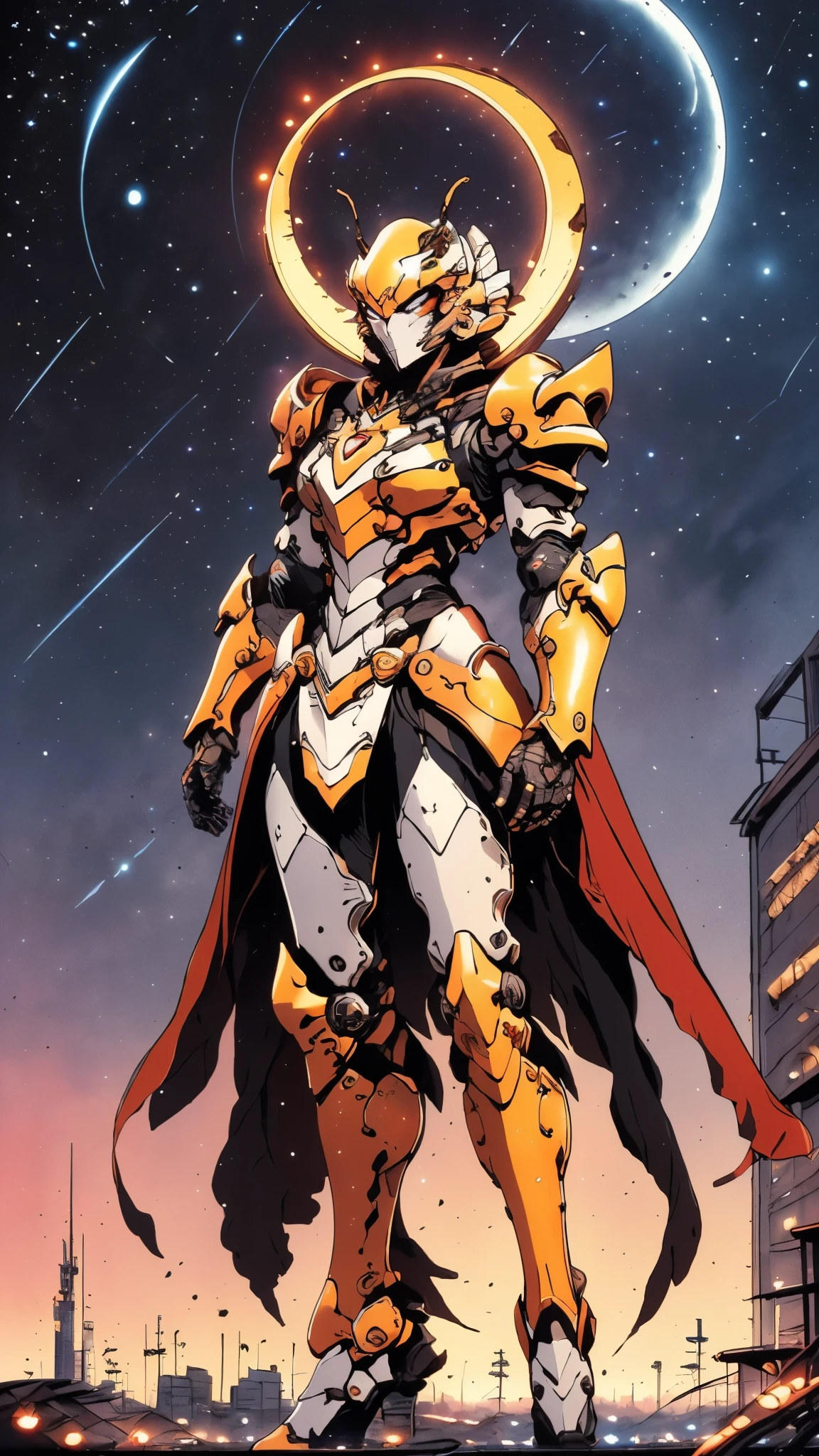 A woman adorned in fantasy-style full-body armor, a crown-concept fully enclosed helmet that unveils only her eyes, a composite layered chest plate, fully encompassing shoulder and hand guards, a lightweight waist armor, form-fitting shin guards, the overall design is heavy-duty yet flexible, ((the armor gleams with a golden glow, complemented by red and blue accents)), exhibiting a noble aura, she floats above a fantasy-surreal high-tech city, this character embodies a finely crafted fantasy-surreal style armored hero in anime style, exquisite and mature manga art style, (Queen bee mixed with Spider concept Armor, photorealistic:1.2, Real texture material:1.2), ((night sky, city night view, elegant, goddess, femminine:1.5)), Unreal Engine 5, metallic, high definition, best quality, highres, ultra-detailed, ultra-fine painting, extremely delicate, professional, anatomically correct, symmetrical face, extremely detailed eyes and face, high quality eyes, creativity, RAW photo, UHD, 32k, Natural light, cinematic lighting, masterpiece-anatomy-perfect, masterpiece:1.5