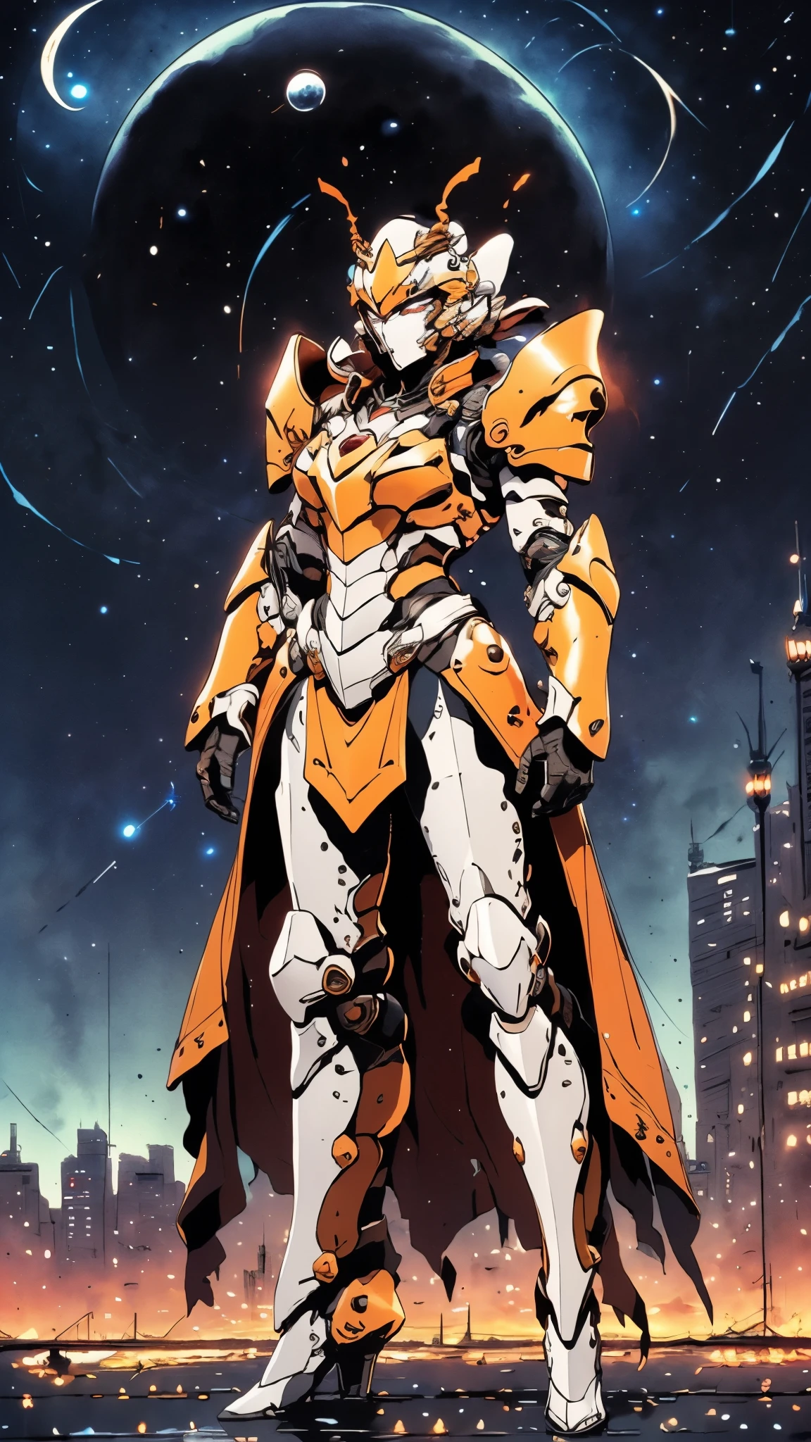 A woman adorned in fantasy-style full-body armor, a crown-concept fully enclosed helmet that unveils only her eyes, a composite layered chest plate, fully encompassing shoulder and hand guards, a lightweight waist armor, form-fitting shin guards, the overall design is heavy-duty yet flexible, ((the armor gleams with a golden glow, complemented by red and blue accents)), exhibiting a noble aura, she floats above a fantasy-surreal high-tech city, this character embodies a finely crafted fantasy-surreal style armored hero in anime style, exquisite and mature manga art style, (Queen bee mixed with Spider concept Armor, photorealistic:1.2, Real texture material:1.2), ((night sky, city night view, elegant, goddess, femminine:1.5)), Unreal Engine 5, metallic, high definition, best quality, highres, ultra-detailed, ultra-fine painting, extremely delicate, professional, anatomically correct, symmetrical face, extremely detailed eyes and face, high quality eyes, creativity, RAW photo, UHD, 32k, Natural light, cinematic lighting, masterpiece-anatomy-perfect, masterpiece:1.5