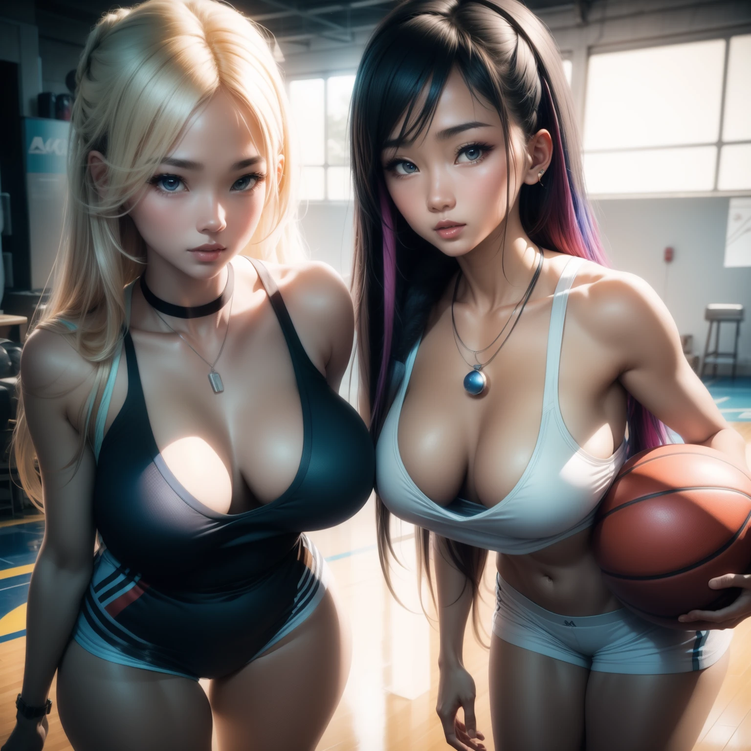 (8k ,Super detailed,Best masterpiece,nature,perfect work of art,perfect female figure),two women,sister and younger sister, sisters,rainbow hair,perfect face,(huge ),neighbor wife,woman hairstyle,elegant wife,Sophisticated and revealing ,20 years old,White skin,messy hair,perfect sexy body,Tone,flirtatious,very big ,Willow Yao,see through breasts,nipple,basketball player,Wearing ultra-short and sexy basketball sportswear,open chest,T-shaped small,Melted clothes,on the basketball court,Clap the basketball,Detail background,necklace,perfect eyes,,T-shaped small size,huge big