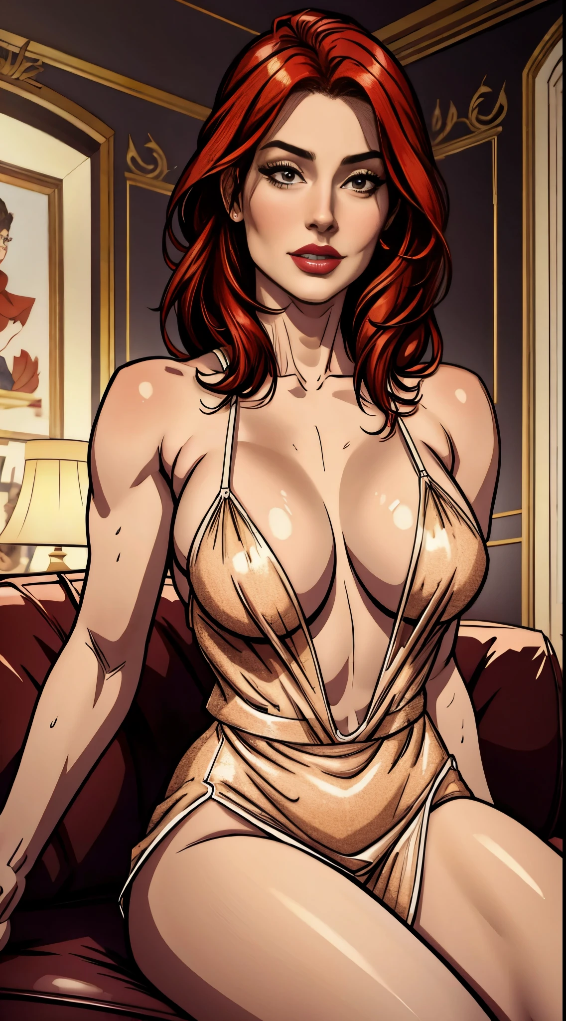 (Best quality,hyper HD,Super detailed,High details,Ultra-detailed,Accurate,Masterpiece:1.2), Beautiful mature woman,35yo,Mature and sexy,Medium length hair,red tinted hair,a matural female,housewife,Sexy slip dress,Living room,Sitting on the sofa,watching tv