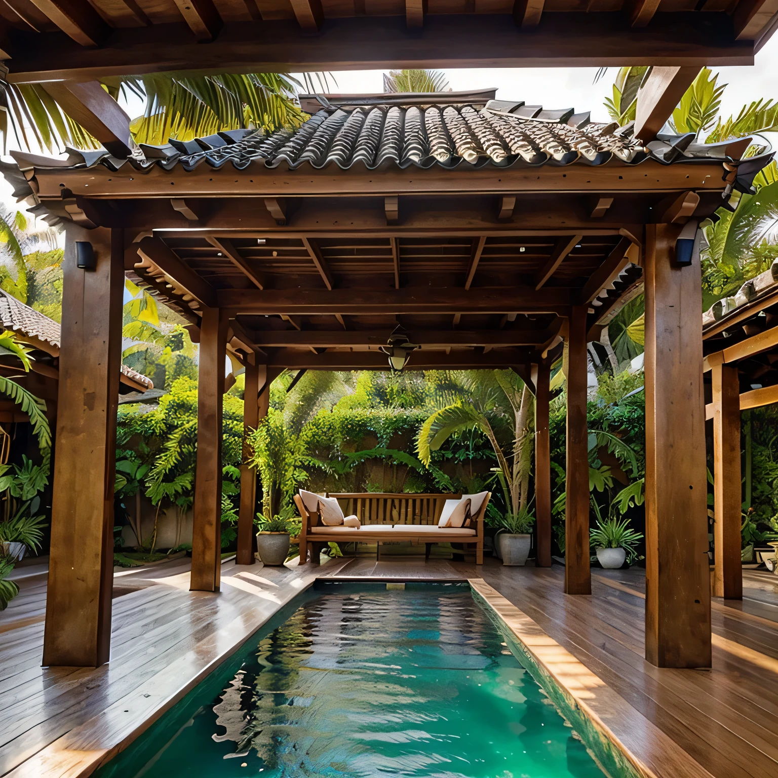 Harmonious Retreat: Traditional Pergola in Tropical Oasis wooden beams, posts, and cross beams