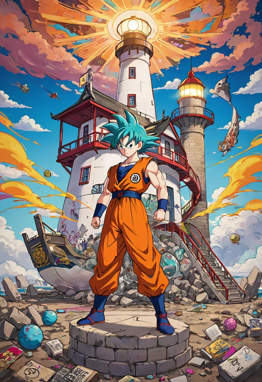 (Graffiti on Lighthouse wall:1.4), Graffiti of Dragon Ball, Characters, (best quality, masterpiece, Representative work, official art, Professional, 8k, Ultra intricate detailed:1.3)