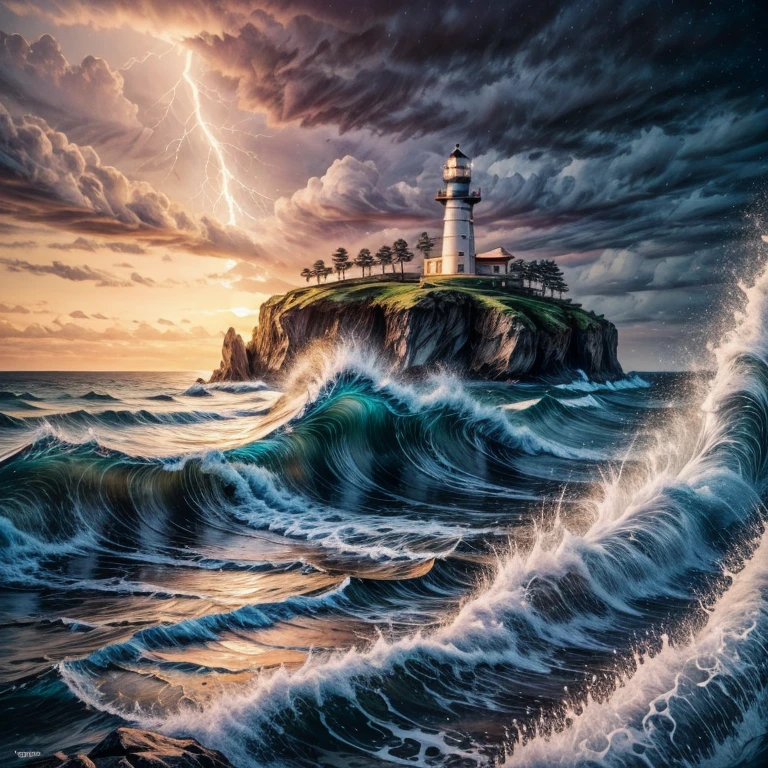 lighthouse, Ocean, lightning, storm, night, lights, rough waves, Surrealism, cinematic lighting, UHD, retina, masterpiece, ccurate, super detail, high details, high quality, best quality, highres