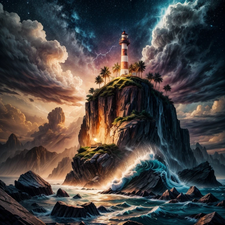 lighthouse, Ocean, lightning, storm, night, lights, rough waves, Surrealism, cinematic lighting, UHD, retina, masterpiece, ccurate, super detail, high details, high quality, best quality, highres