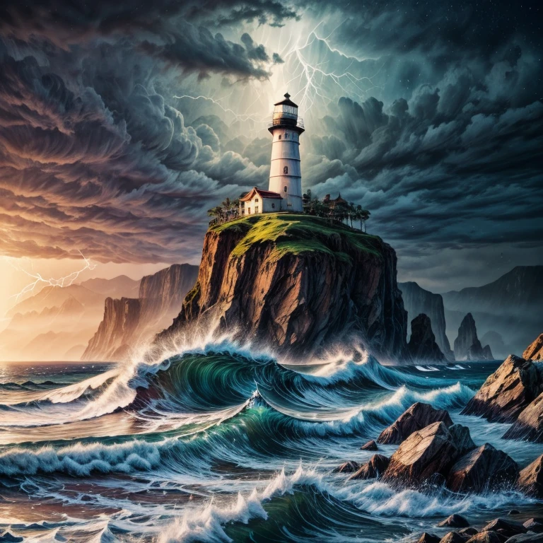 lighthouse, Ocean, lightning, storm, night, lights, rough waves, Surrealism, cinematic lighting, UHD, retina, masterpiece, ccurate, super detail, high details, high quality, best quality, highres