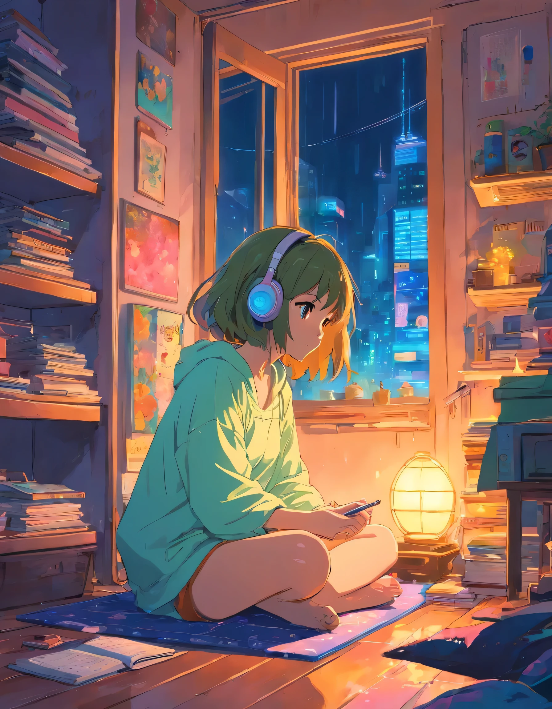 European hippie girl meditating in her room, dream, please wear headphones, night light, Neon landscape on a rainy day, analog color theme, lo-fi hip hop , retrospective exhibition, flat, 2.5D ,Draw a line, ink painting, Osaka road, watercolor painting, gouche color, studio ghibli style, So colorful, outerton, Krautlock, Lofiato, 70s style,old texture, amplitude,Psychedelic atmosphere, masterpiece, amazing technology,