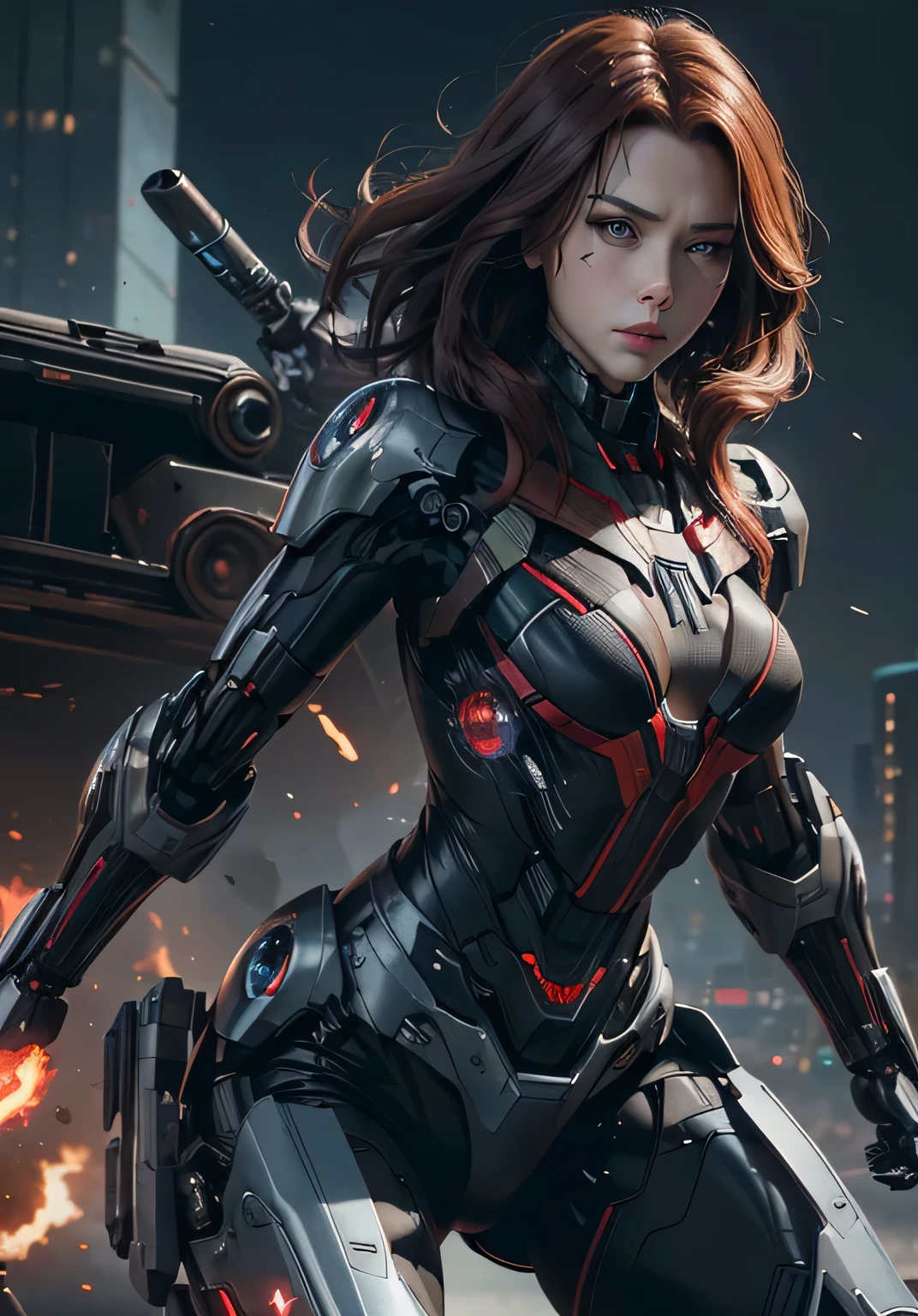 Textured skin, Super Detail, high details, High quality, Best Quality, hight resolution, 1080p, hard disk, Beautiful,(War Machine),(Black widow),beautiful cyborg woman,Mecha Cyborg Girl,Battle Mode,Girl with a Mecha Body,She wears a futuristic war machine weapon mech,Fulll body Shot