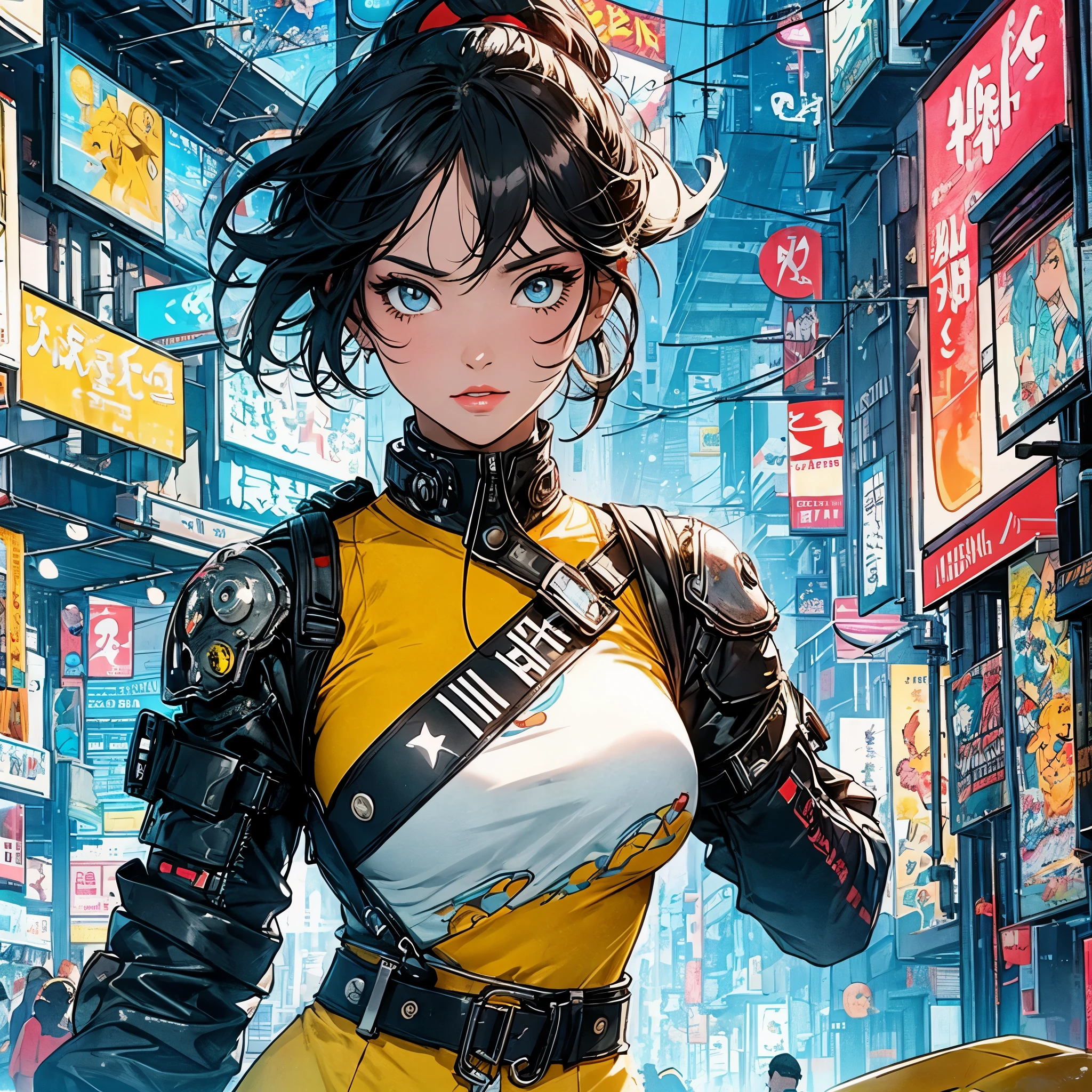 (masterpiece, highest quality), 32K,(highly detailed beautiful woman), poster,SF,1960s,1970s,bauhaus, shape, abstract,movie poster, vintage,retro,futuristic anime,ultimate map,highlight,highly detailed glowing eyes,cleavage,complicated pattern,Stylish hairstyle,fluorescence((yellow clothes)),Starry Sky,Cyberpunk street fashion,