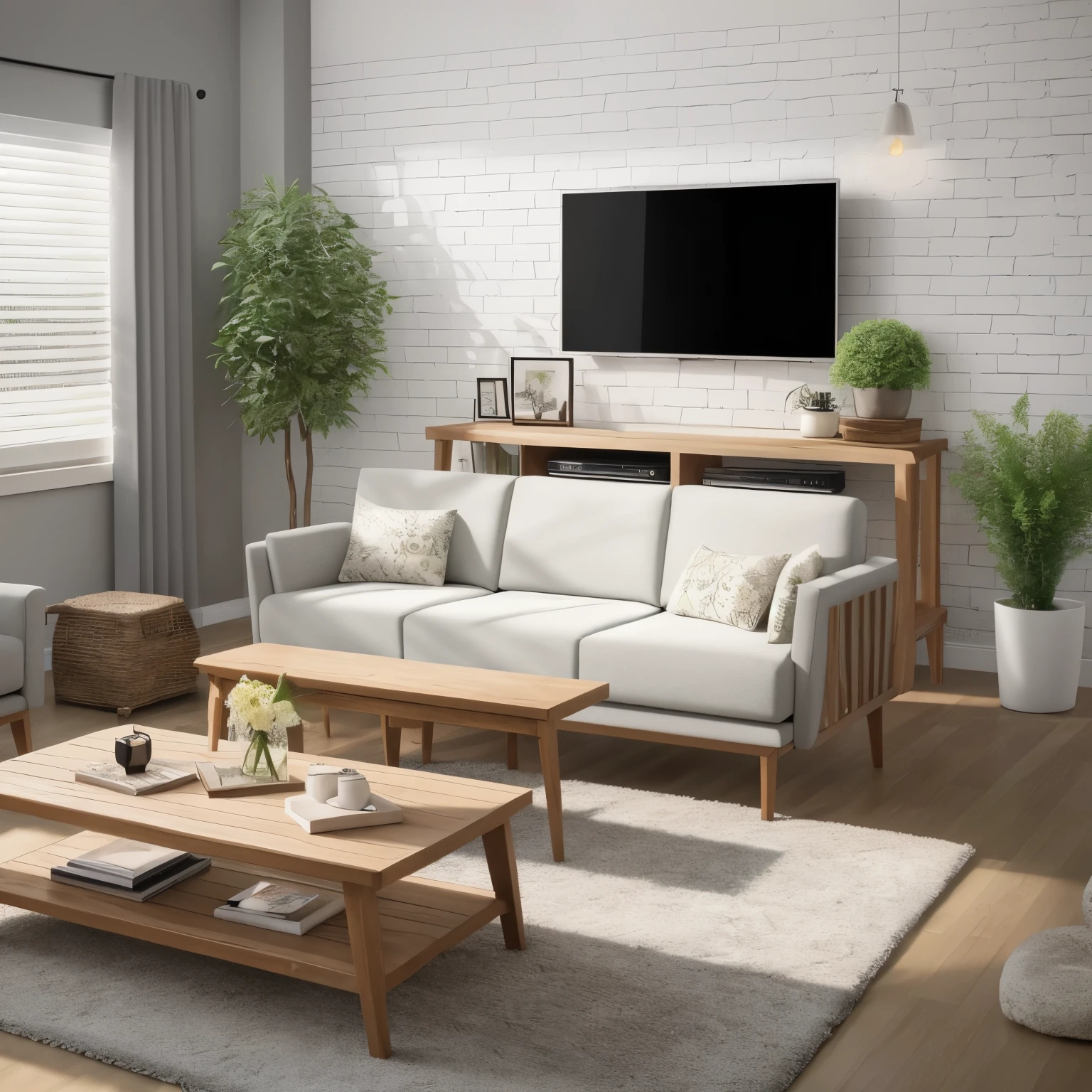 Based on the description, create a living room in a modern style in spring colors. There is a distinctive white decorative brick on the wall. Wooden slats as a decoration. Corner sofa, table with chairs, TV on the wall, living room furniture, decorations and flowers. Realistic photo, photorealism, minimalism
