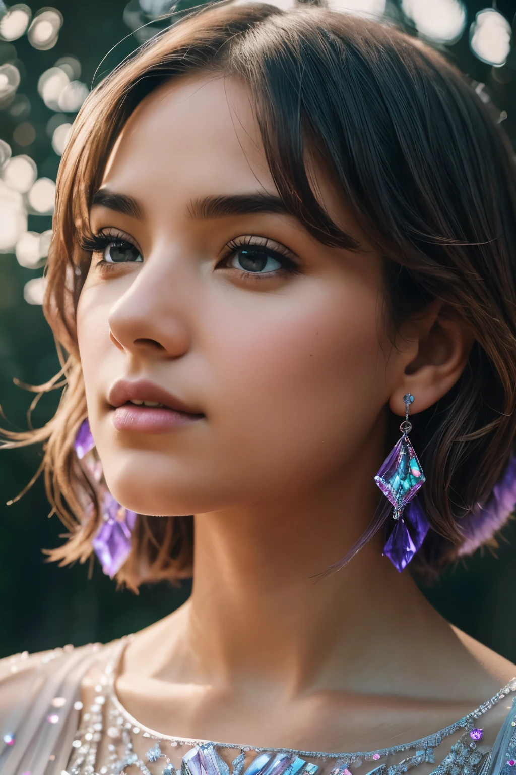 A professional 8k uhd DSLR photograph taken with a Fujifilm XT3 and 18mm f/11 lens, capturing a close up, low angle shot of a beautiful girl wearing a faceted, transparent lavender color crystal dress. The crystals embedded in the dress are visible, looking out of it, with soft lighting that enhances the intricate details of the crystals and the girl's features. The image exhibits a cinematic feel with a film grain texture, adding to the richness and depth of the photograph. The highly detailed and colorful picture is a result of the professional 4k camera, capturing every nuance of the crystals and the girl