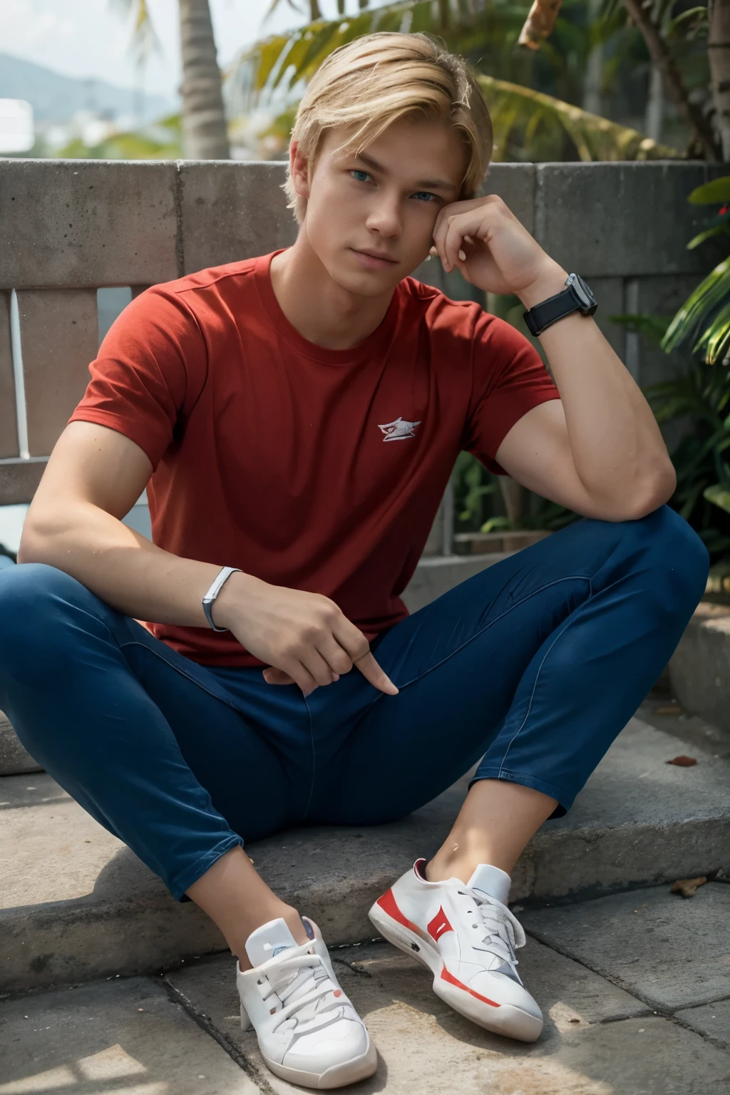 a handsome 18 year old teen American boy with blonde hair, blue eyes, physically fit. Relaxing in the Philippines. Wearing comfortable clothes, red shirt, black pants, sneakers, a wrist watch