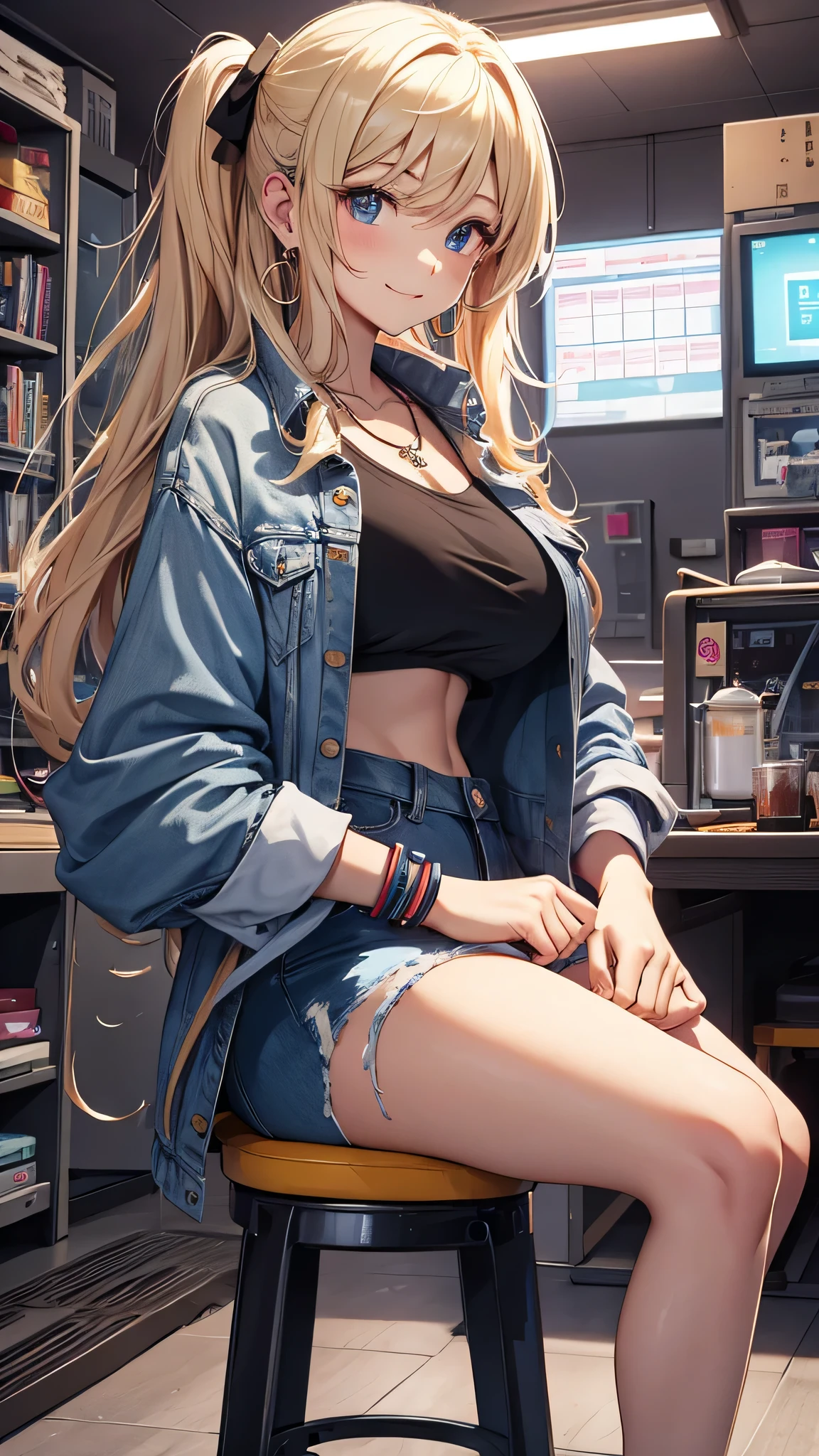 ((1girl)), (Sam) sitting on a bed with legs spread, wearing blue skirt, ((topless)), small breasts:1.2, perfect breasts, looking  to the left, scared face:1.2, dirty locker room, man to the left in black t-shirt with back to viewer. 