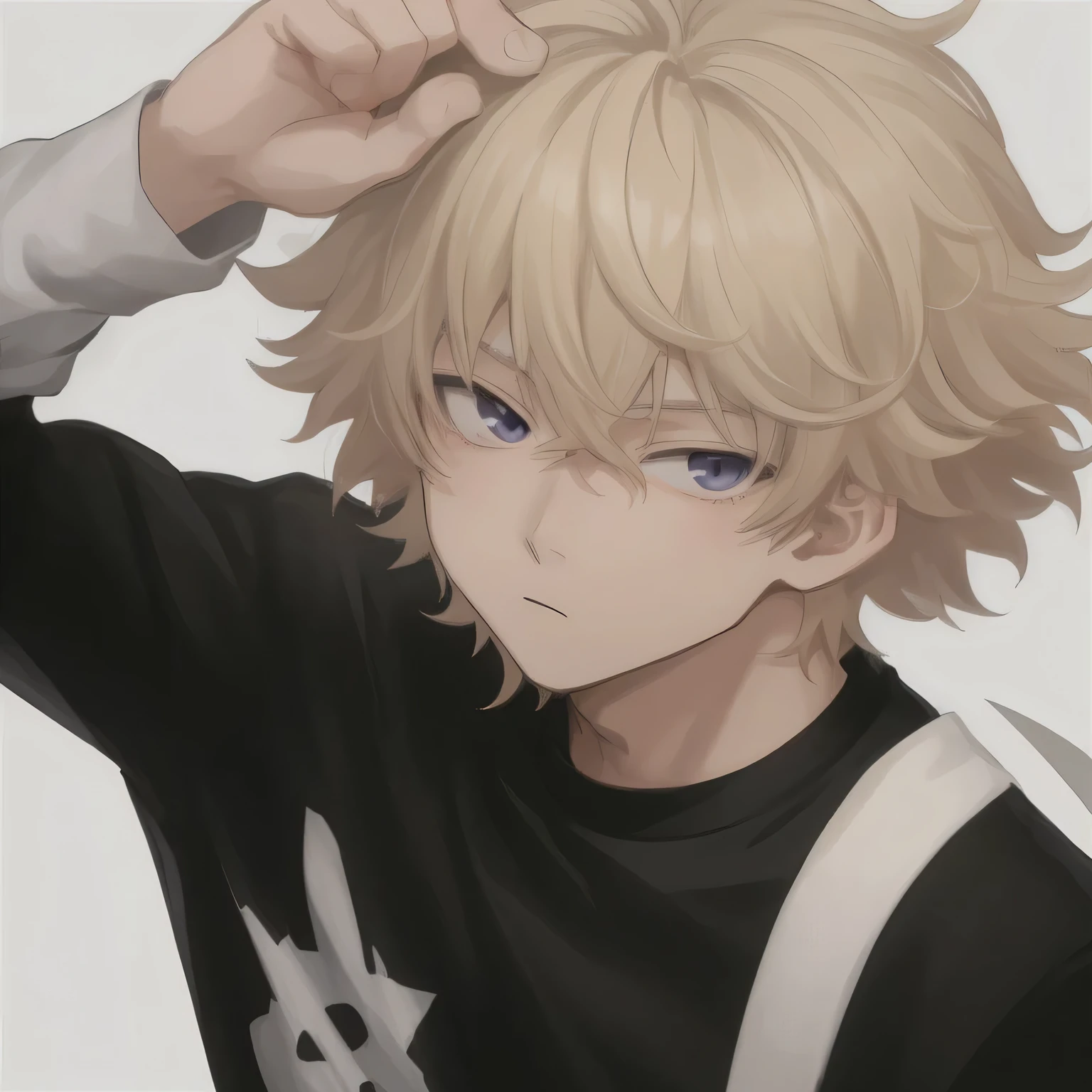 1boy, anime, blonde_hair, afro, black_eyes, sly, white_hard_rock_shirt, white_background, looking_at_viewer