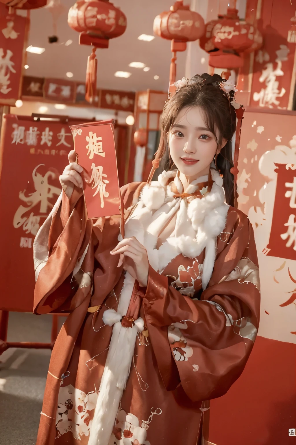 masterpiece,best quality,ultra high res,1girl,upper body,(smile:1.2),bainian,evening_gown,(chinese characters:1.2),holding,red theme,cleavage,hongbao,