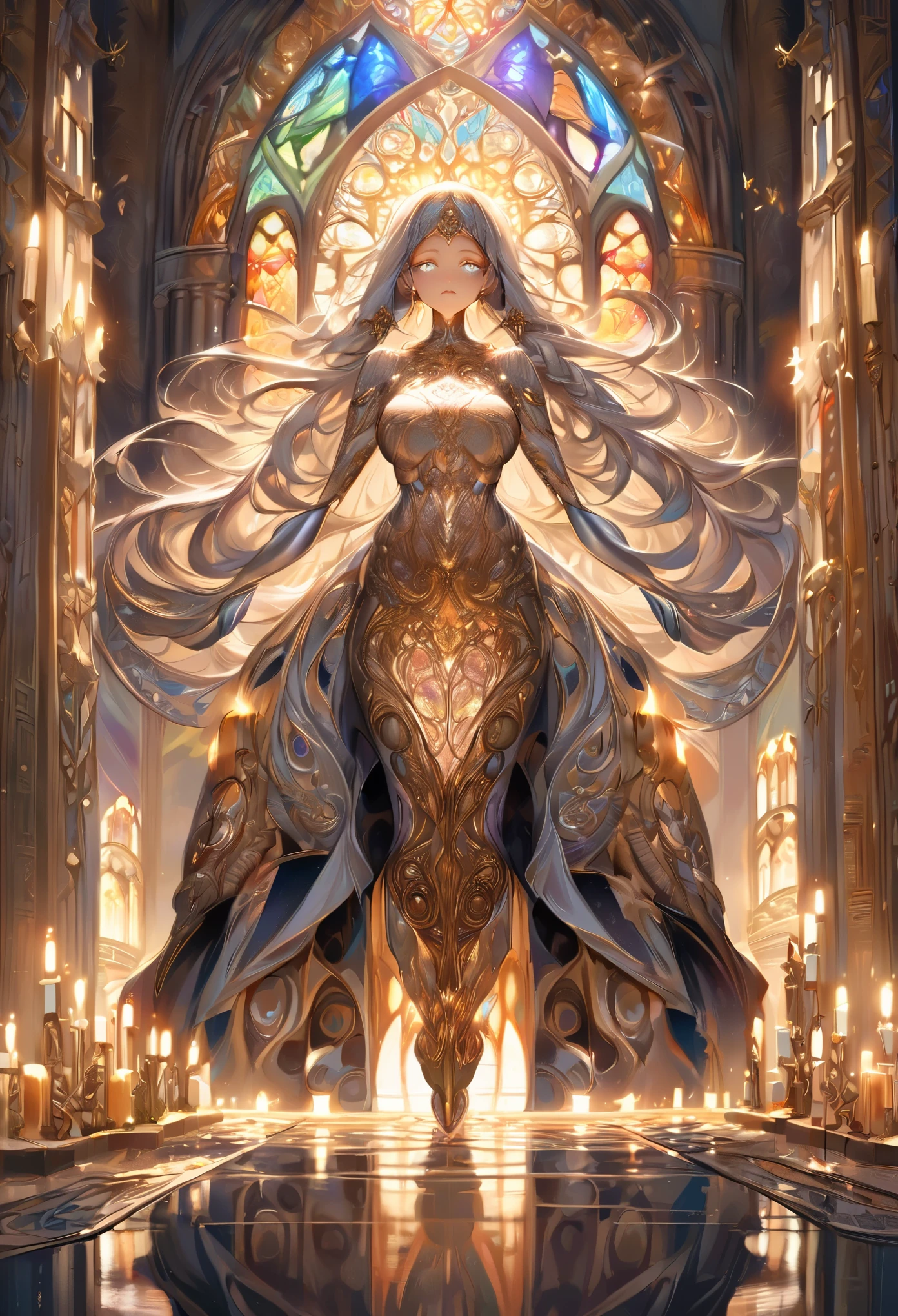 A robotic girl standing in a religious setting, entirely mechanical. The girl has shiny metallic skin and glowing eyes. She is adorned with elegant, intricate patterns engraved on her body, reminiscent of religious symbols. The patterns emit a soft golden glow. Her face is beautifully sculpted with detailed features, including delicate, realistic eyes with long eyelashes, and plump, glossy lips. Her expression is serene and enigmatic, embodying both purity and artificiality. Her hair is made of sleek, silver wires, meticulously styled in an intricate braid.
Surrounded by flickering candlelight, the religious setting is a grand, ancient cathedral. The cathedral is filled with ornate decorations and stained glass windows, depicting religious figures and symbolic scenes. Rays of colorful light shine through the stained glass, casting vibrant hues on the girl and the surroundings.
The air is filled with a sense of divinity and mystique. The atmosphere is tranquil, yet charged with a palpable energy. The girl stands in a prayer-like position, her arms gracefully raised, as if connecting with a higher power. The intricate machinery within her body hums softly, generating a harmonious melody that permeates the sacred space.
The composition is bathed in warm, ethereal lighting, with soft shadows delicately defining the contours. The colors are rich and vibrant, evoking a sense of spirituality and transcendence. The overall aesthetic is a fusion of surrealism and religious iconography, blurring the line between human and machine, traditional belief and futuristic innovation.
The artwork is of the best quality, meticulously crafted with ultra-detailed precision. The textures of the metallic skin and engraved patterns are exquisitely rendered, capturing the intricate nuances of light and reflection. The surrounding environment is masterfully painted, with every brushstroke conveying depth and richness.
This prompt combines the elements of a robotic girl, religious symbol