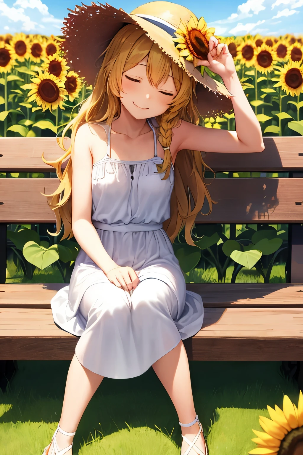 Kirisame Marisa,white dress,straw hat,sandals,sleeping face,carefree smile,smilingly,sunny,summer,,close your eyes,sunflower,sunflower field,front,Peace with only one hand,sit on a bench,one person,lean on someone