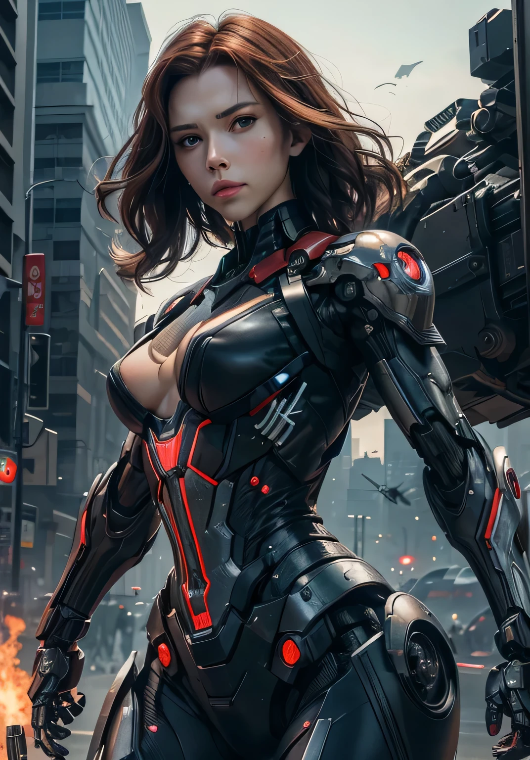 Textured skin, Super Detail, high details, High quality, Best Quality, hight resolution, 1080p, hard disk, Beautiful,(War Machine),(Black widow),beautiful cyborg woman,Mecha Cyborg Girl,Battle Mode,Girl with a Mecha Body,She wears a futuristic war machine weapon mech,Fulll body Shot