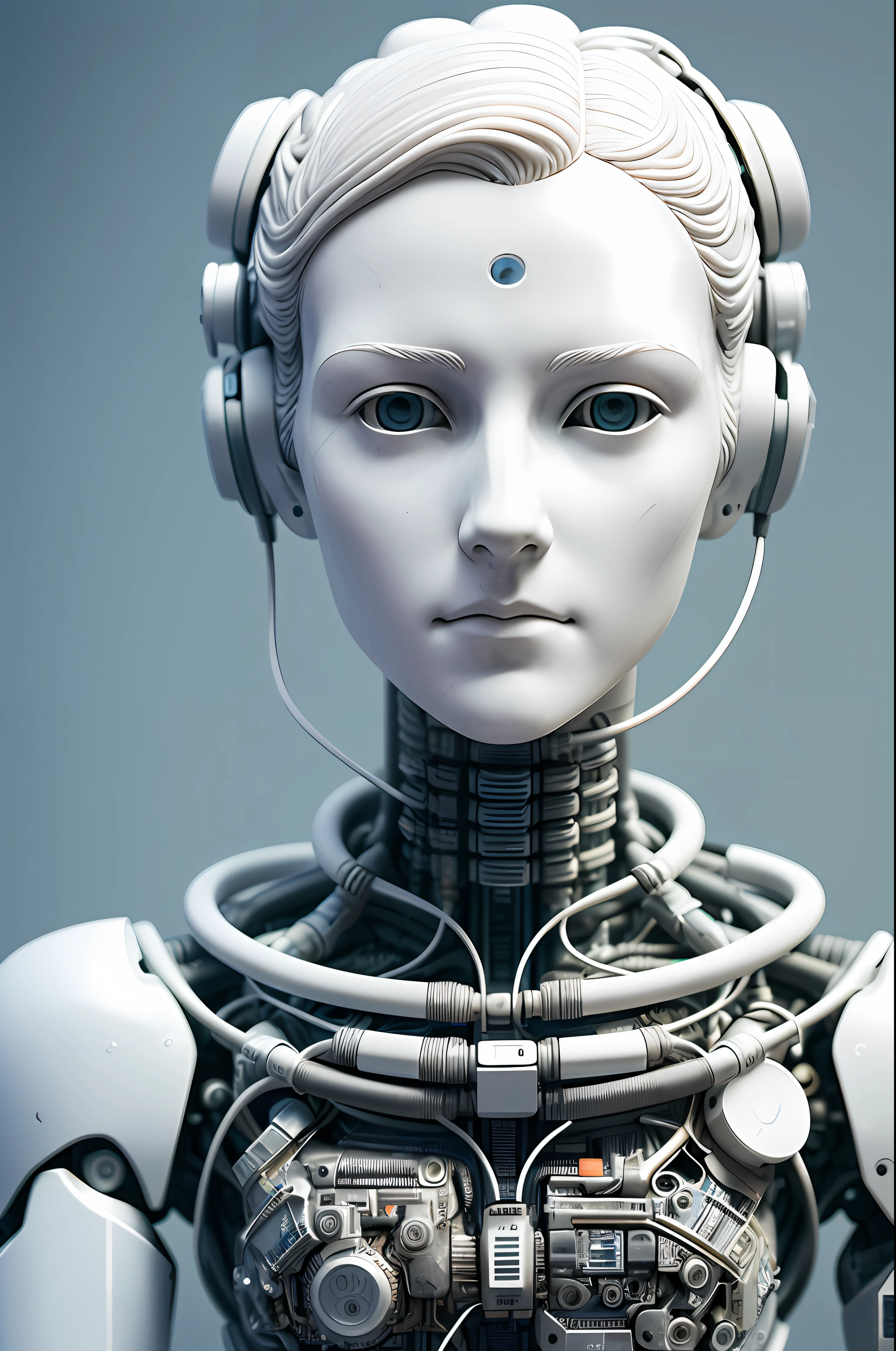 Head Electronic System Humanoids | Cyborg Women | Detailed Brain Visible | Heart Visible Detail | Muscle Cable Wire | Biopunk | Cyberpunk | Cyberpunk | White Marble Bust | Canon M50| 100mm|Sharp Focus|Smooth|Hyper-Realism|Very Detailed|Intricate Detail| Sculpture by Michelangelo, facing the front, looking at the camera