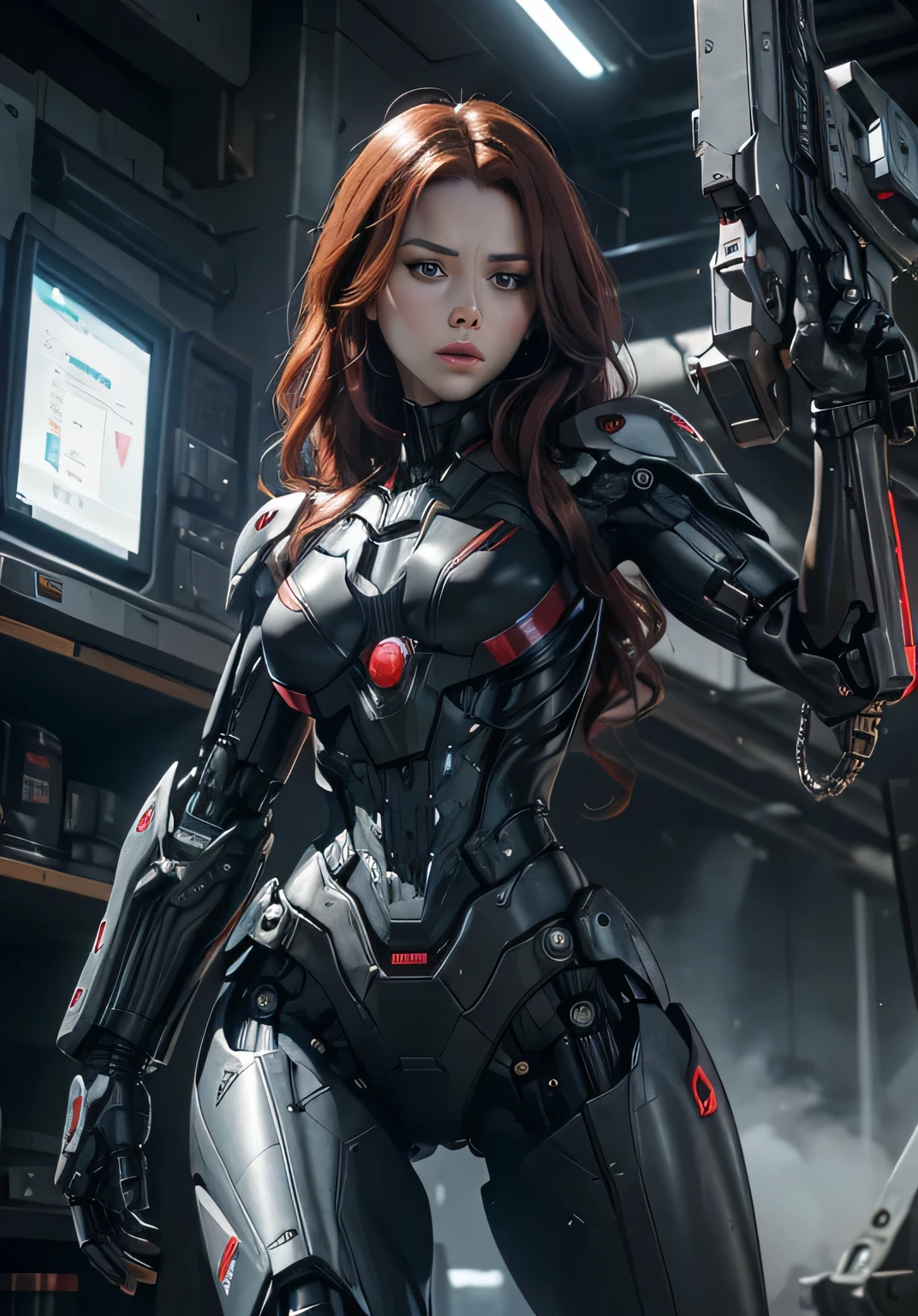 Textured skin, Super Detail, high details, High quality, Best Quality, hight resolution, 1080p, hard disk, Beautiful,(War Machine),(Black widow),beautiful cyborg woman,Mecha Cyborg Girl,Battle Mode,Girl with a Mecha Body,She wears a futuristic war machine weapon mech,Fulll body Shot