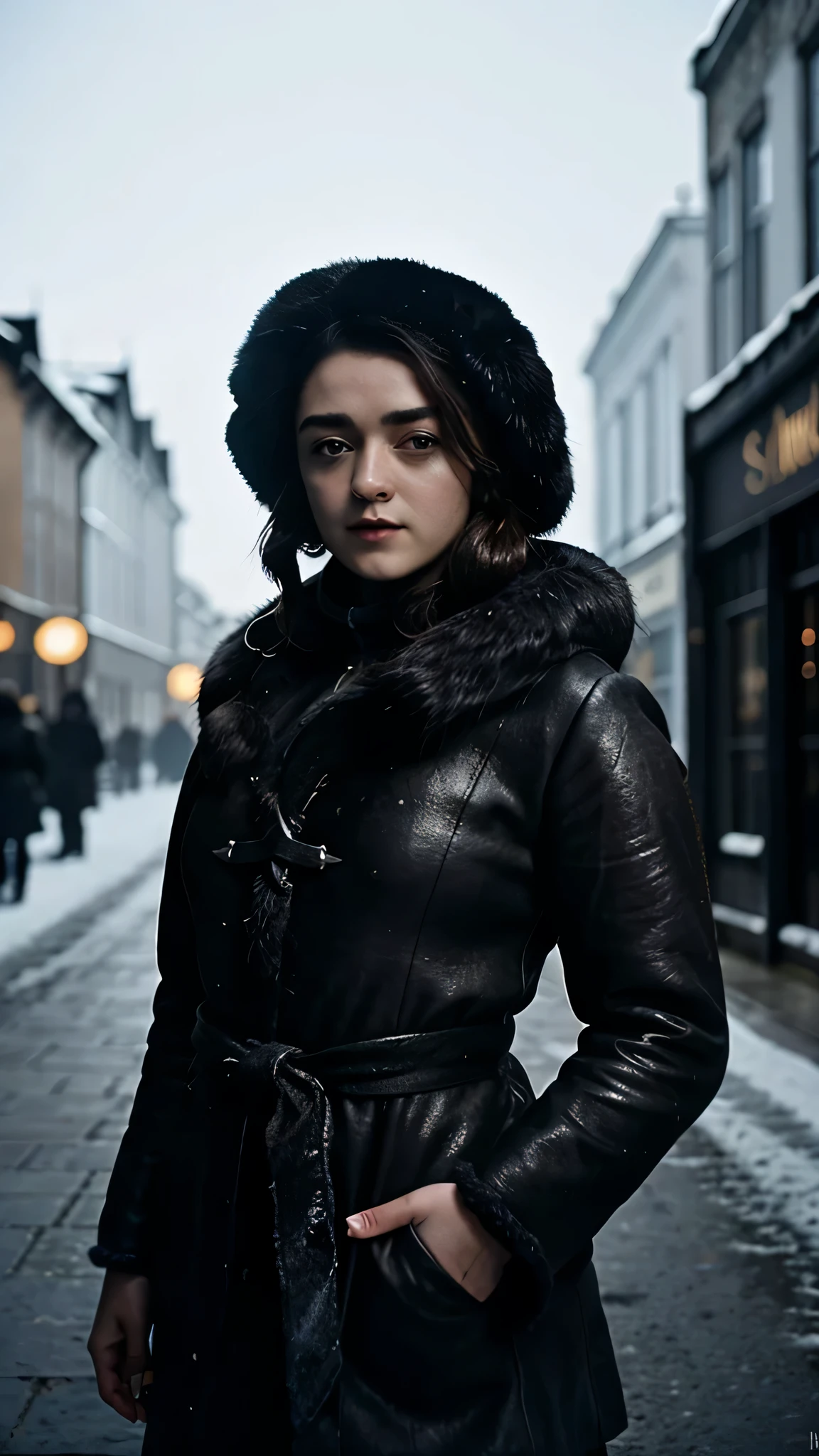 frostpunk, maisiewilliams as Arya Stark, fur hat, make-up, long black fur coat, high heels, earrings, rings, standing in the winter street, 1woman, solo, beautiful detailed glow, detailed, cinematic light, intricate detail, realistic, highres, detailed facial features, high detail, sharp focus, smooth, aesthetic, extremely detailed, stamp, octane render