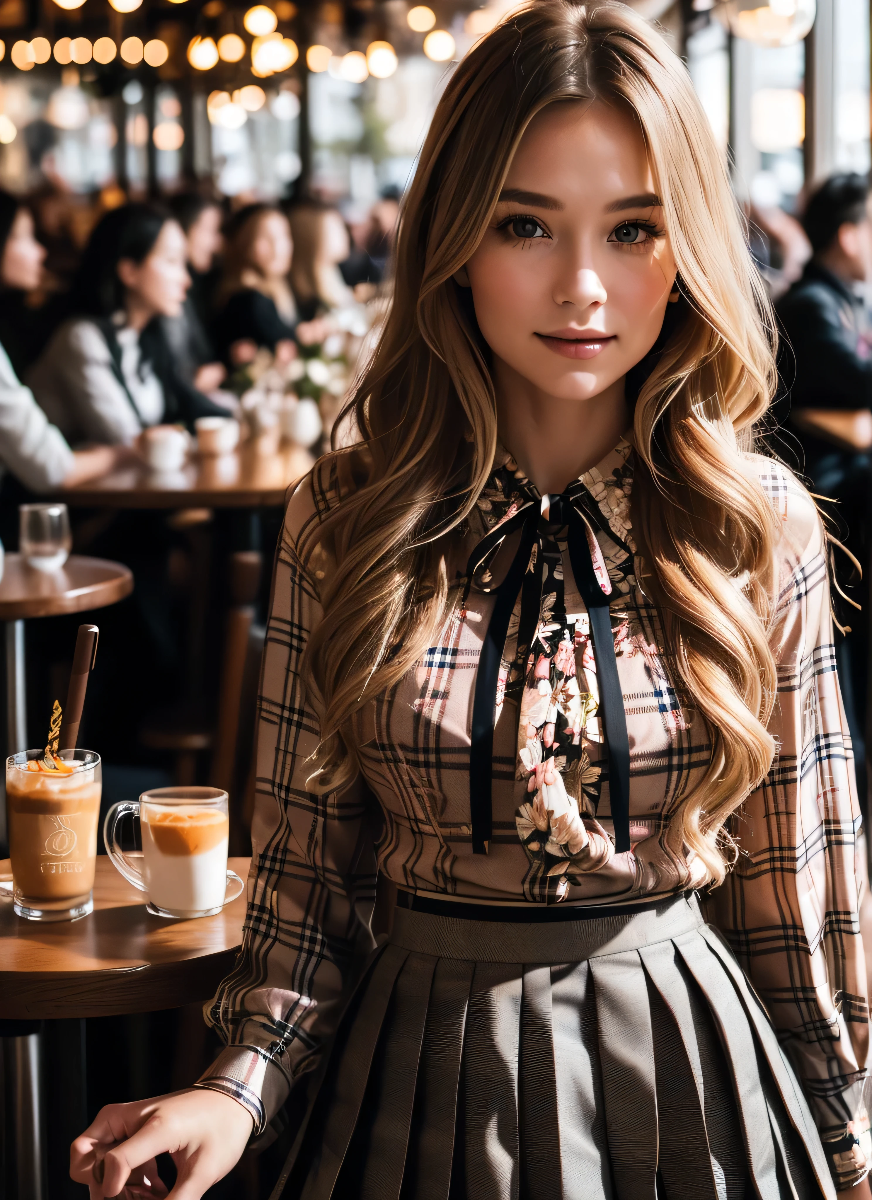 Professional portrait photo of a beautiful Norwegian girl in winter clothes with long wavy blond hair, sultry flirtatious look, Sommersprossen, Beautiful symmetrical face, cute natural makeup, elegante, warme Wintermodekleidung tragen, ((In a crowded café at dusk:1.3)),shy smile,((Floral blouse、Blouse with ribbon:1.3))、((Pleated skirt with many checked folds:1.3)),