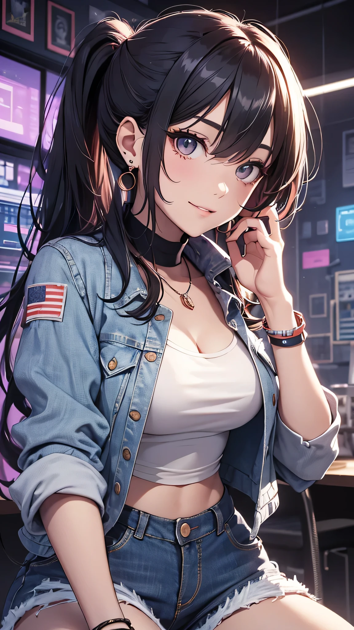 長い髪とデニムジャケットを着たアニメの女の子が机に座っている
