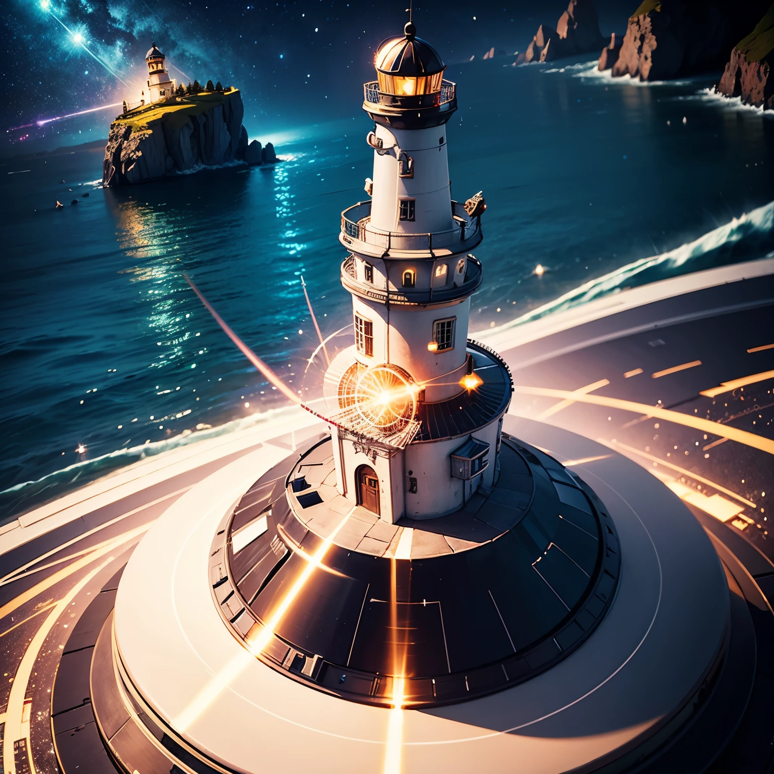 best quality, incredibly absurdres, extremely detailed, lighthouse AND planet, iridescent laser beam from the lighthouse, motion-blur, action-lines, speed-lines, mixed works of various art, background galaxy
