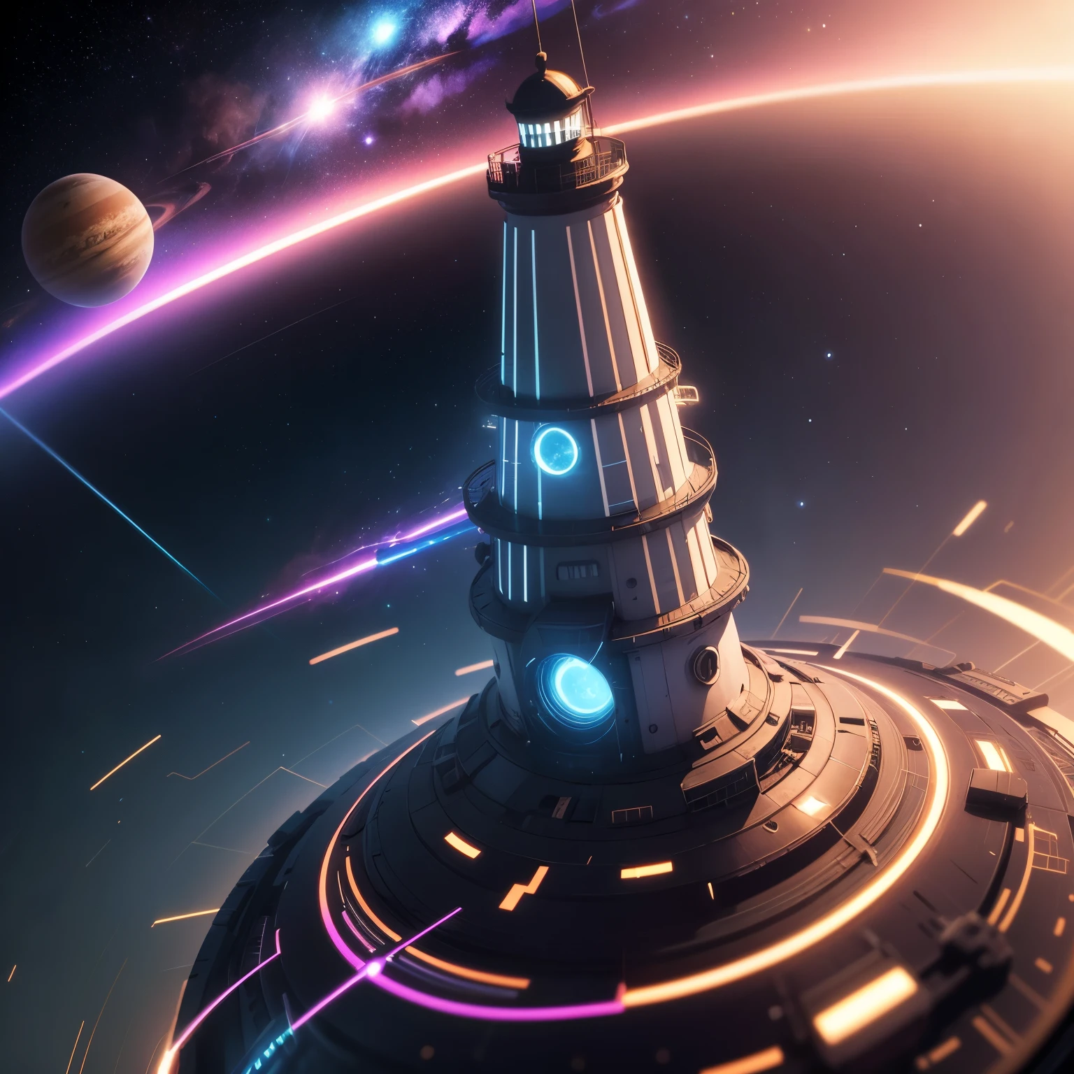 best quality, incredibly absurdres, extremely detailed, planet on the lighthouse, iridescent laser beam from the lighthouse, motion-blur, action-lines, speed-lines, mixed works of various art, background galaxy