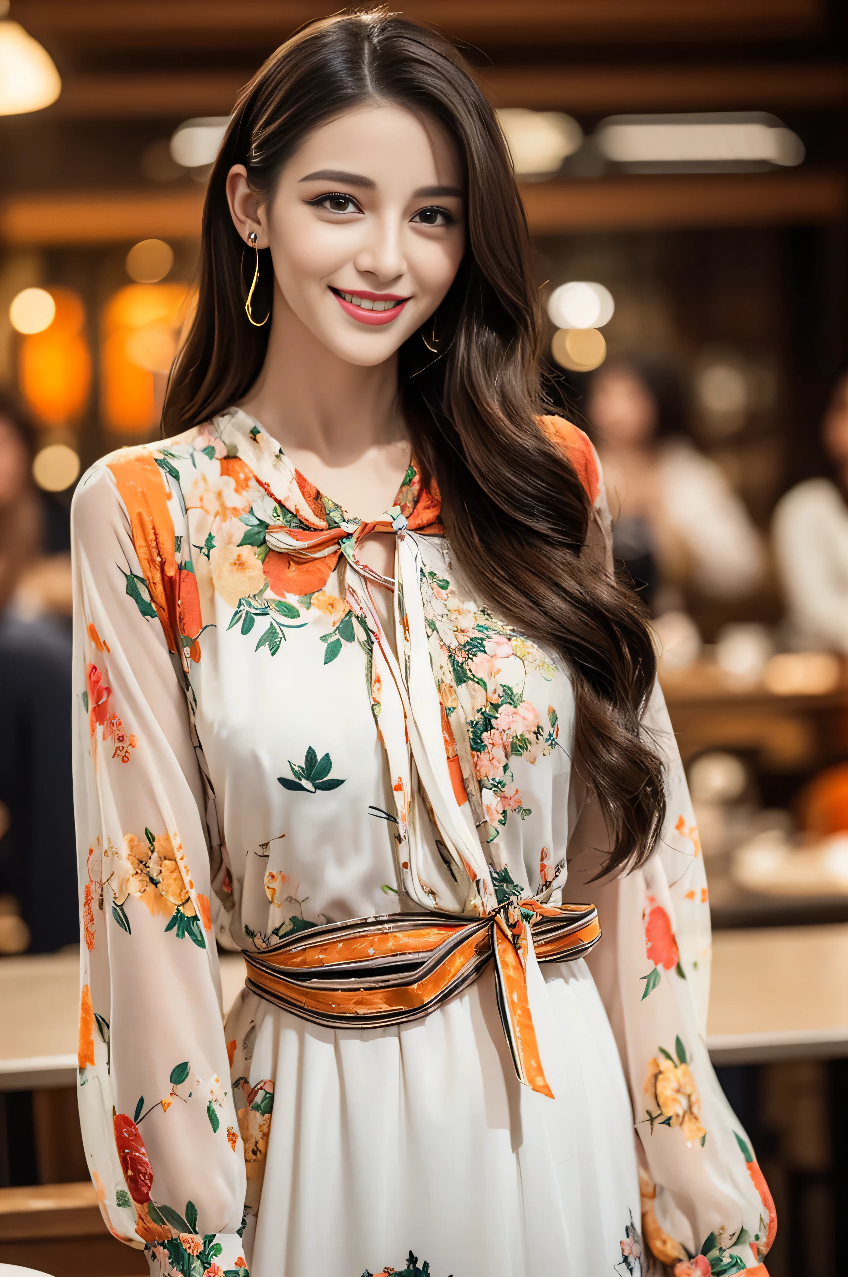 ((top-quality、8K、masterpiece:1.3))、1girl in、A smile、full body Esbian、Slim Faces、Pretty women、(dark brown hair)、Full-length dresses:1.1、hyperdetailed face、A detailed eye、double eyelid、blured background、Slim Faceanhattan, New York、takeout、a street、fullbody shot、((full figure supermodel standing, entire body in frame)),((In a crowded café at dusk:1.3))((Flashy orange and white printed dress:1.3)),((Floral blouse、Blouse with ribbon:1.3))、Pleated skirt with many checked folds、
