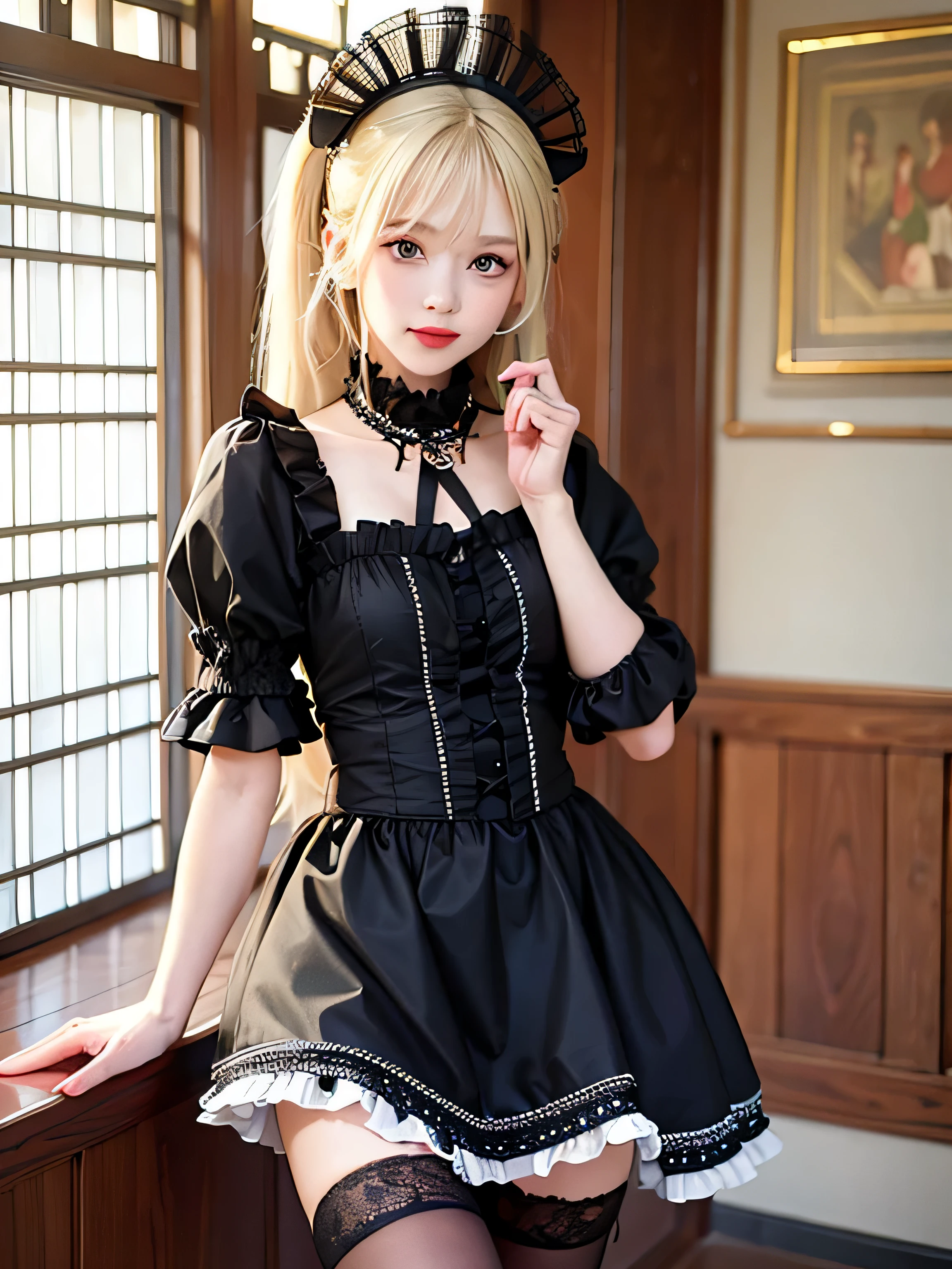 super high quality, ultra high resolution, Super detailed, masterpiece, 20-year-old, woman, cute, perfect face, beautiful, nice body, gothic ta clothing, gothic fashion, ruffle skirt, headdress, necklace, bracelet, knee high socks, boots, double eyelid, tear bag, Fine to the tips of your fingers, Description like photo, indoor, Dim interior lighting, blonde hair, ponytail, Are standing, whole body, composition that shows the whole body, smile