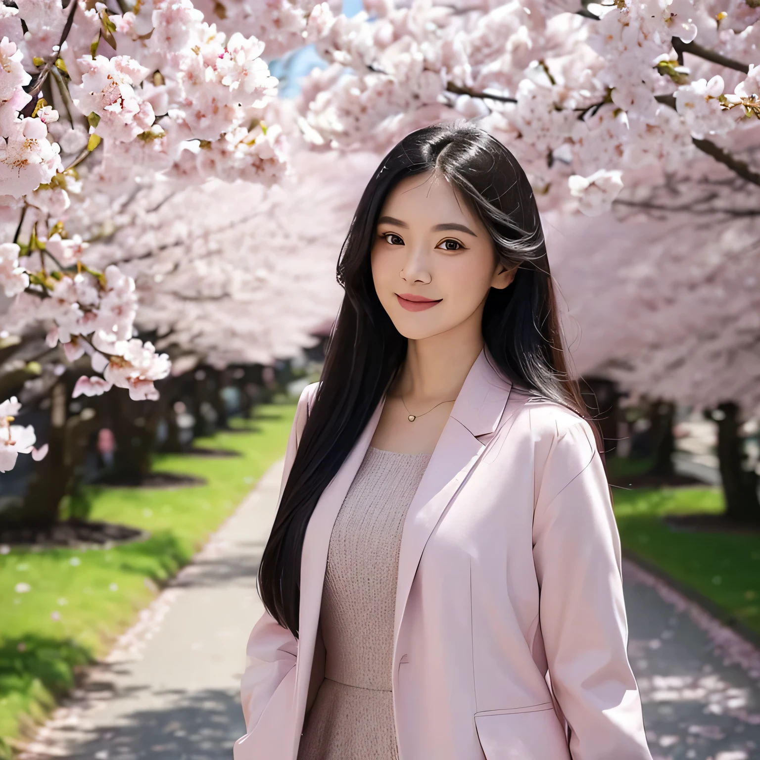 The image shows a young woman with black long straight hair standing under blooming cherry blossom trees that line a path or walkway. The trees are in full pink bloom, creating a beautiful canopy overhead. The woman is wearing a navy blue jacket or coat . She has a pleasant, soft smile on her face as she enjoys the scenic cherry blossom surroundings.
