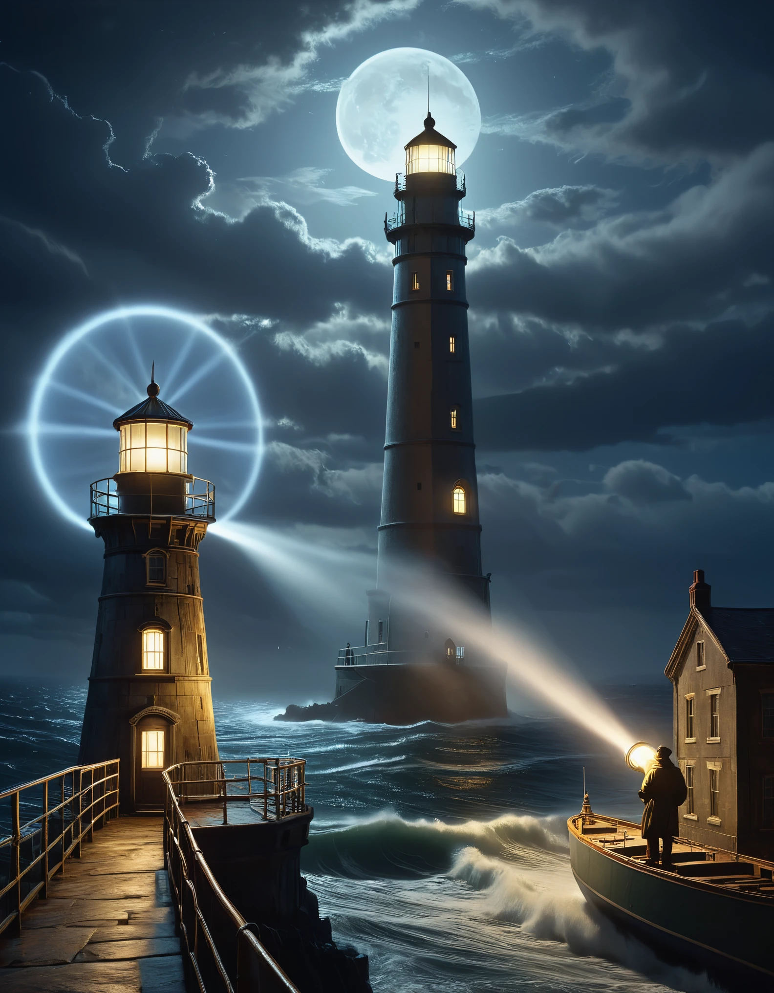 (The tower keeper stands on the lighthouse, holding the searchlight), guiding the boat in the distance, rough brown skin, carved wrinkled face, vicissitudes of life, wearing raincoat, surging waves, mottled old iron railings, light beams, moonlight, background: rainstorm is falling
Photography, Andre Remnev, Masterpiece, Conte, Realism, Diablo, Gothic Art, Intense Atmosphere, Unreal Engine, Octane rendering, Corona rendering, Quixel Megascans rendering, V-Ray, High Detail, High Quality, High Resolution, Art Stage Trends, Surrealism, HD, 16K, Depth of Field (Dof), Waist shot (WS), Close ups, Rembrandt lighting, Epic visuals,