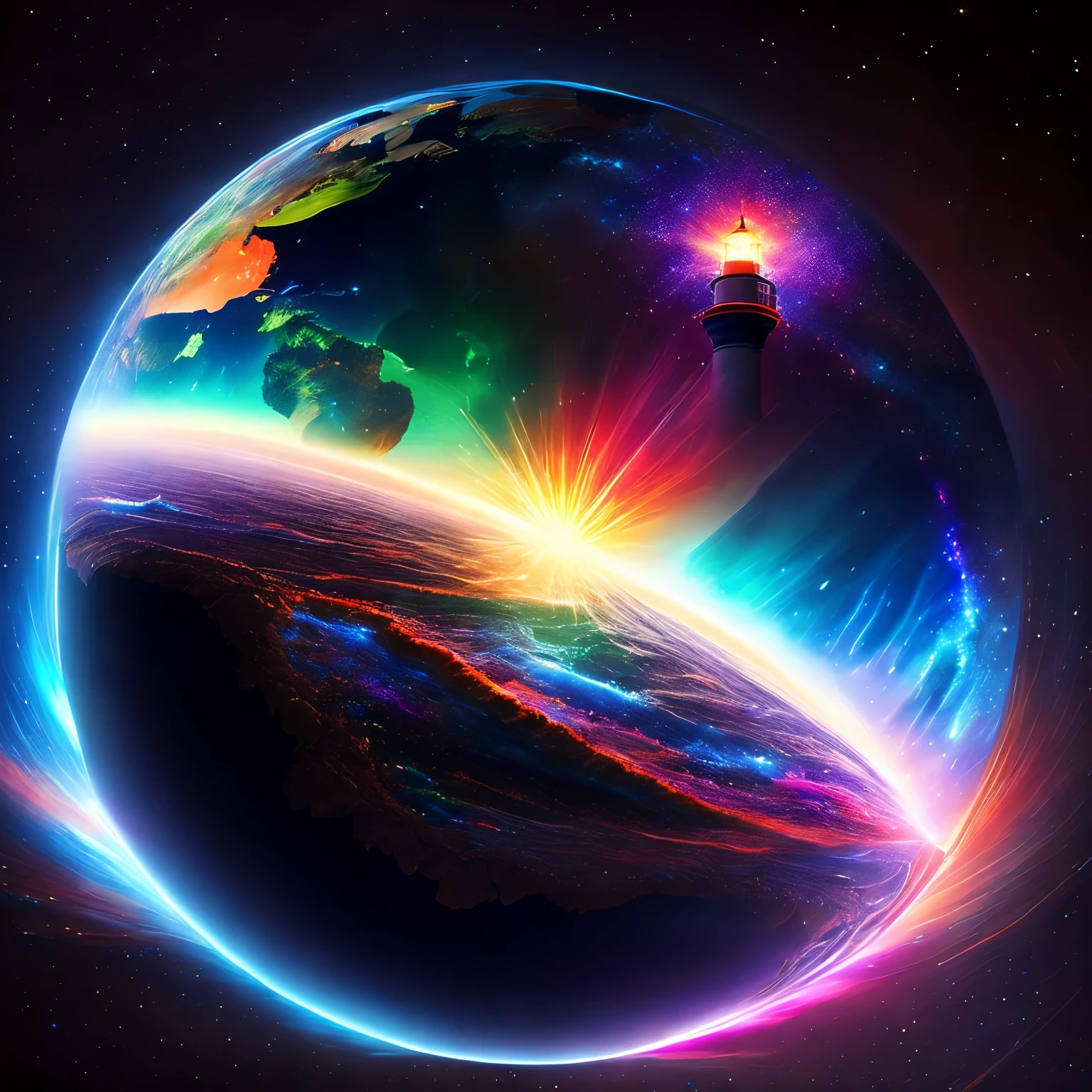 A colorful image of a planet with a lighthouse in the middle - SeaArt AI