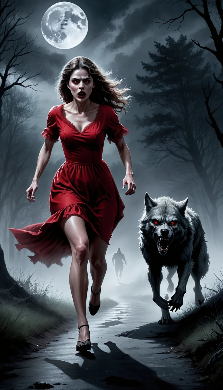 digital drawing, horror movie scene of a beautiful woman in a red dress being stalked in the dark by an wolfman, spooky, terrifying, dark ambiance, misty, 8k, high quality, gray wolfman in the background, intensity, woman looking behind her, running, moonlight