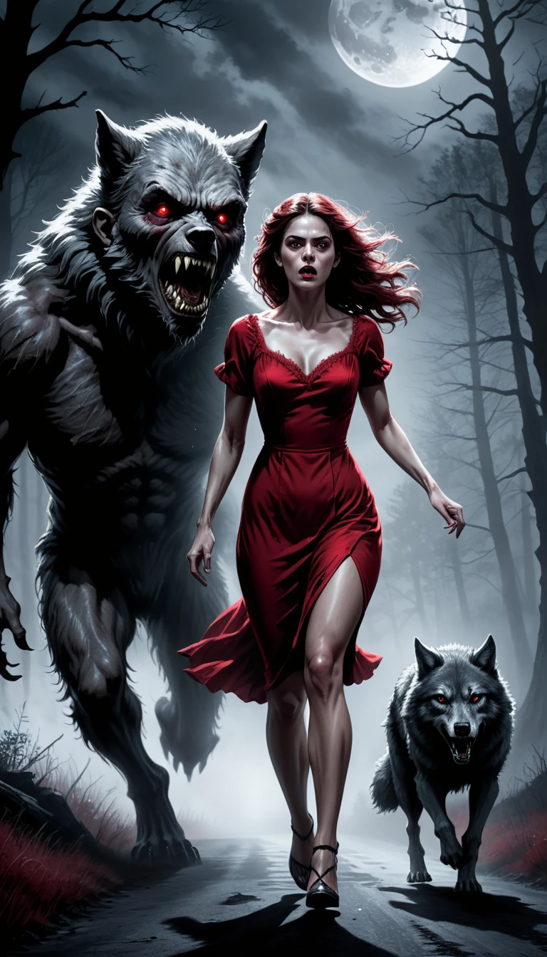 digital drawing, horror movie scene of a beautiful woman in a red dress being stalked in the dark by an wolfman, spooky, terrifying, dark ambiance, misty, 8k, high quality, gray wolfman in the background, intensity, woman looking behind her, running, moonlight