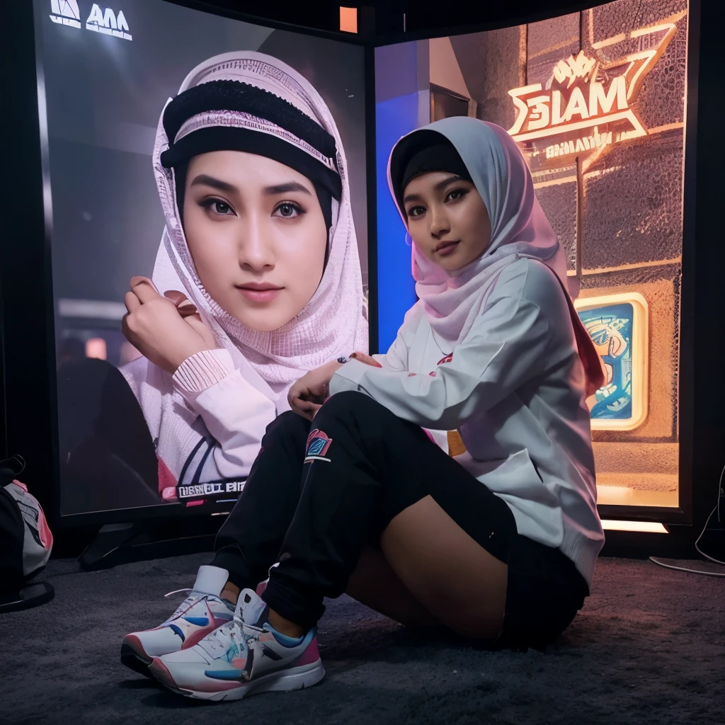 gadis hijab dengan wajah indonesia bening menghadap ke depan, mengenakan baju dan sepatu syar'i, duduk di kursi gaming dan wajahnya terlihat jelas, dia melihat hpnya, muncul hologram cahaya IG dengan nama profil "Mega Sireky" dan chat IG data dan foto profil, di sebelahnya ada logonya, IG, ukuran besar dihias logo IG kecil dan banyak wanita chatingan, ada lampu neon menghiasi hologram IG, foto HD realistis
