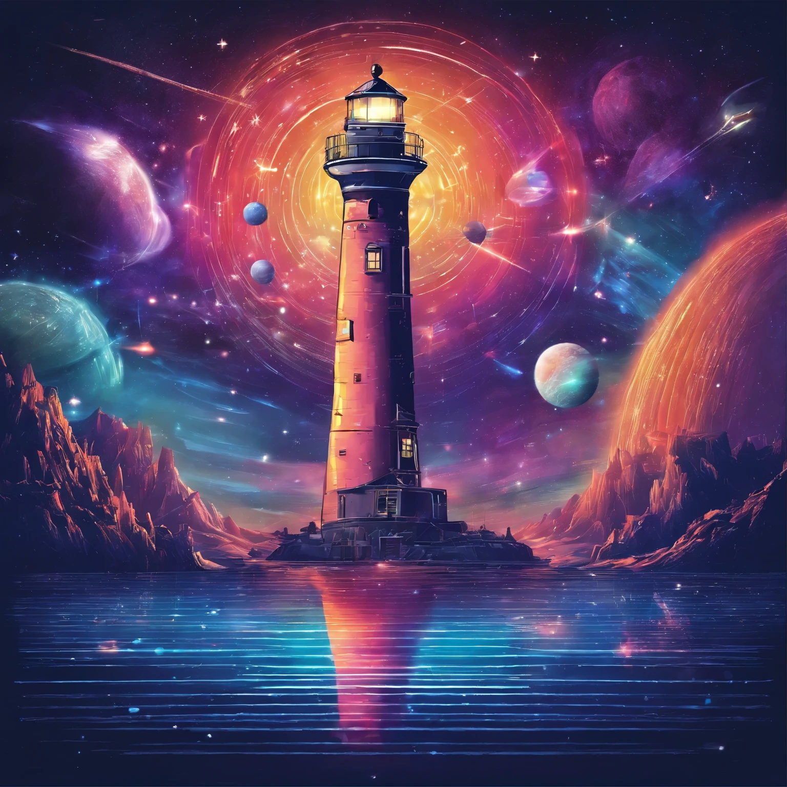 best quality, incredibly absurdres, extremely detailed, planet is topped by a lighthouse the same size as the planet, a rainbow-colored laser beam is emitted from the lighthouse, a mixture of motion blur, action lines, speed lines, and various art., background galaxy
