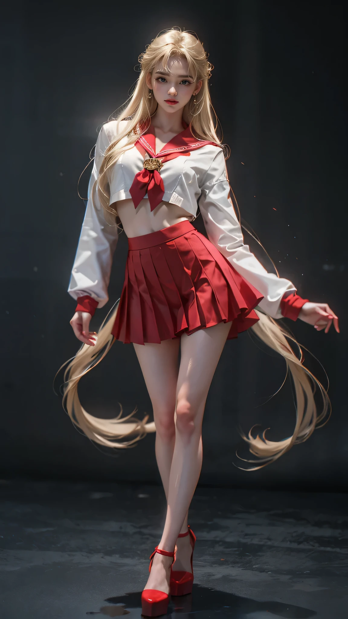 (masterpiece, best quality, realistically, Work, super detailed, 8k), ((Wide-angle lens, Full body female love)), 1 girl,Exquisite facial features,Smile,double tail,Blonde medium hair,Light makeup,Exquisite facial features,Correct finger structure,Sailor suit,Red cotton pleated skirt,front standing posture ,facing the audience,full body portrait,gray background