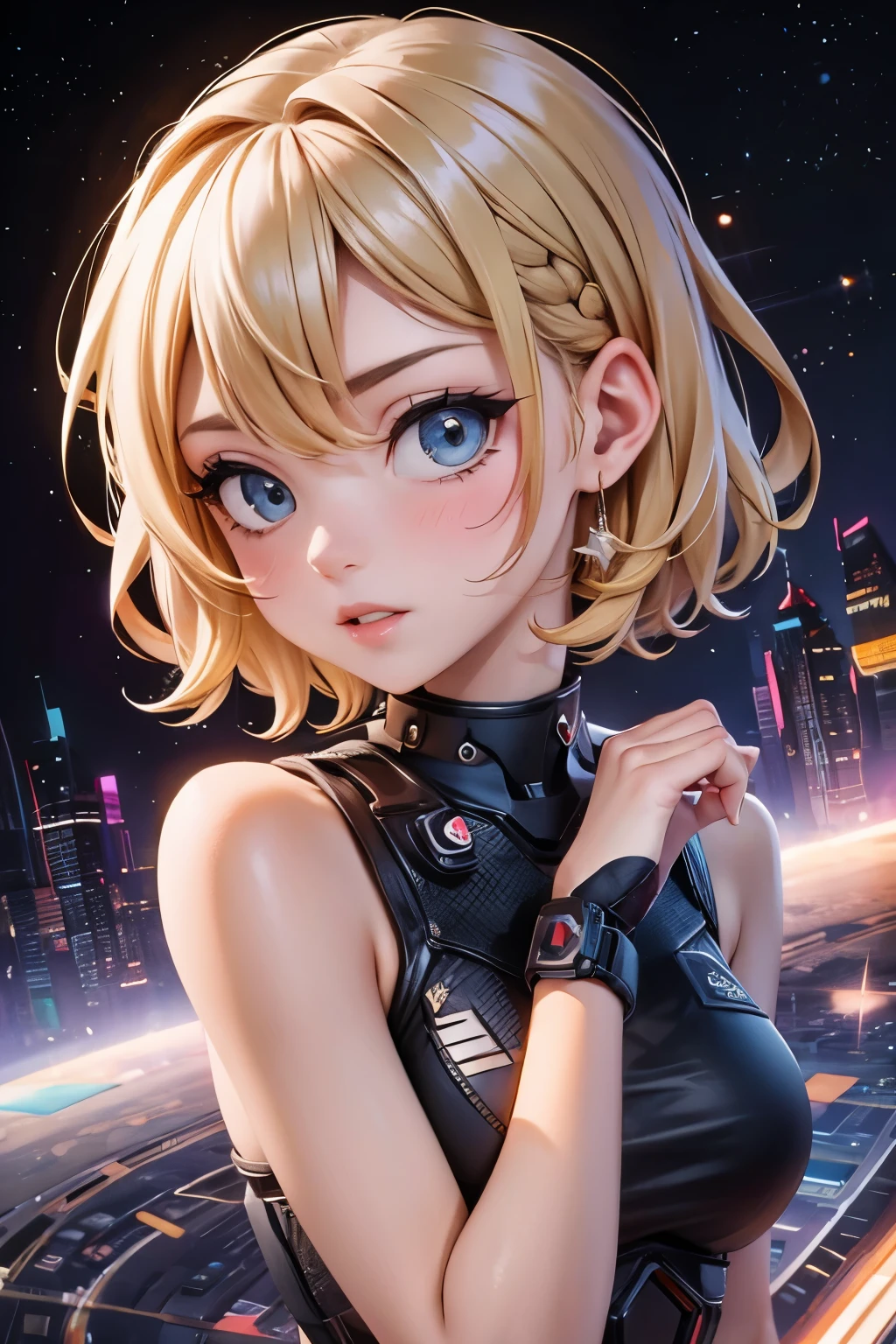 Portrait of a  girl. Her hair is short and blonde. She is wearing a tight little black top and bottom. The background is a space city.