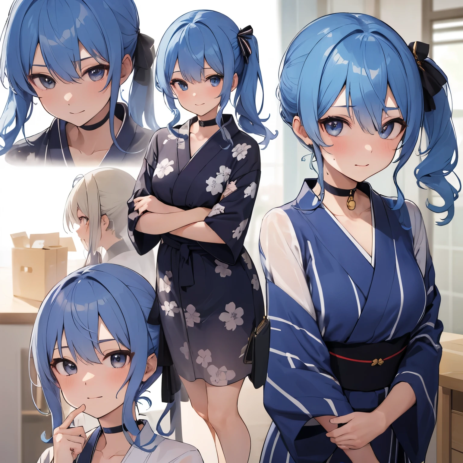 hoshimachi suisei,blue eyes,blue hair,choker,hair between eyes,medium hair,side ponytail,スターchoker,,highest quality, High resolution,(thin and beautiful eyes:1.6),(perfect hands, perfect anatomy),(((masterpiece))),((highest quality)),shy smile,troubled face,blush,whole body,High-quality yukata,thin waist,Summer festival