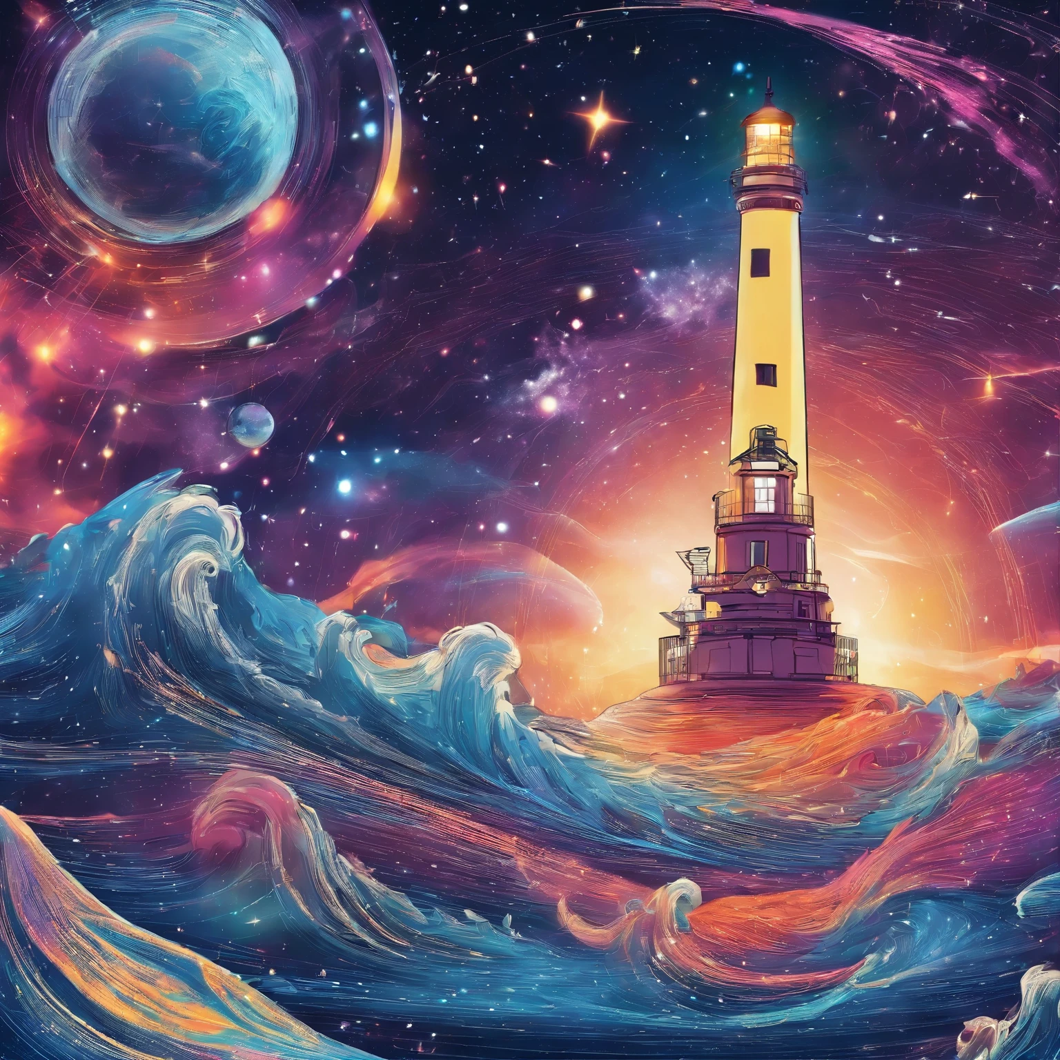 best quality, incredibly absurdres, extremely detailed, planet is topped by a lighthouse the same size as the planet, a rainbow-colored laser beam is emitted from the lighthouse, a mixture of motion blur, action lines, speed lines, and various art., background galaxy