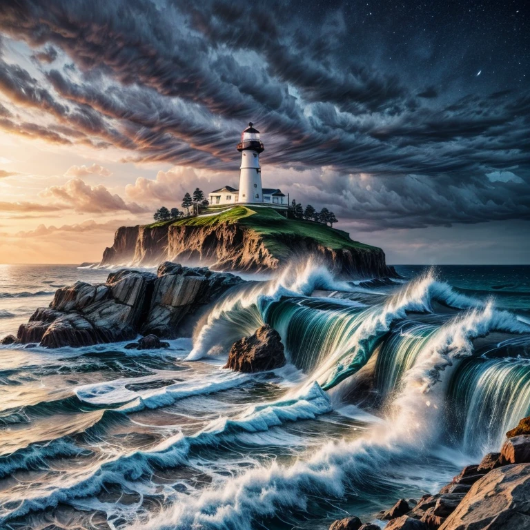 lighthouse:1.5, Ocean, lightning, storm, night, darkness, jet black, Lights, lights, rough waves, Contemporary art, UHD, retina, masterpiece, ccurate, super detail, high details, high quality, best quality, highres