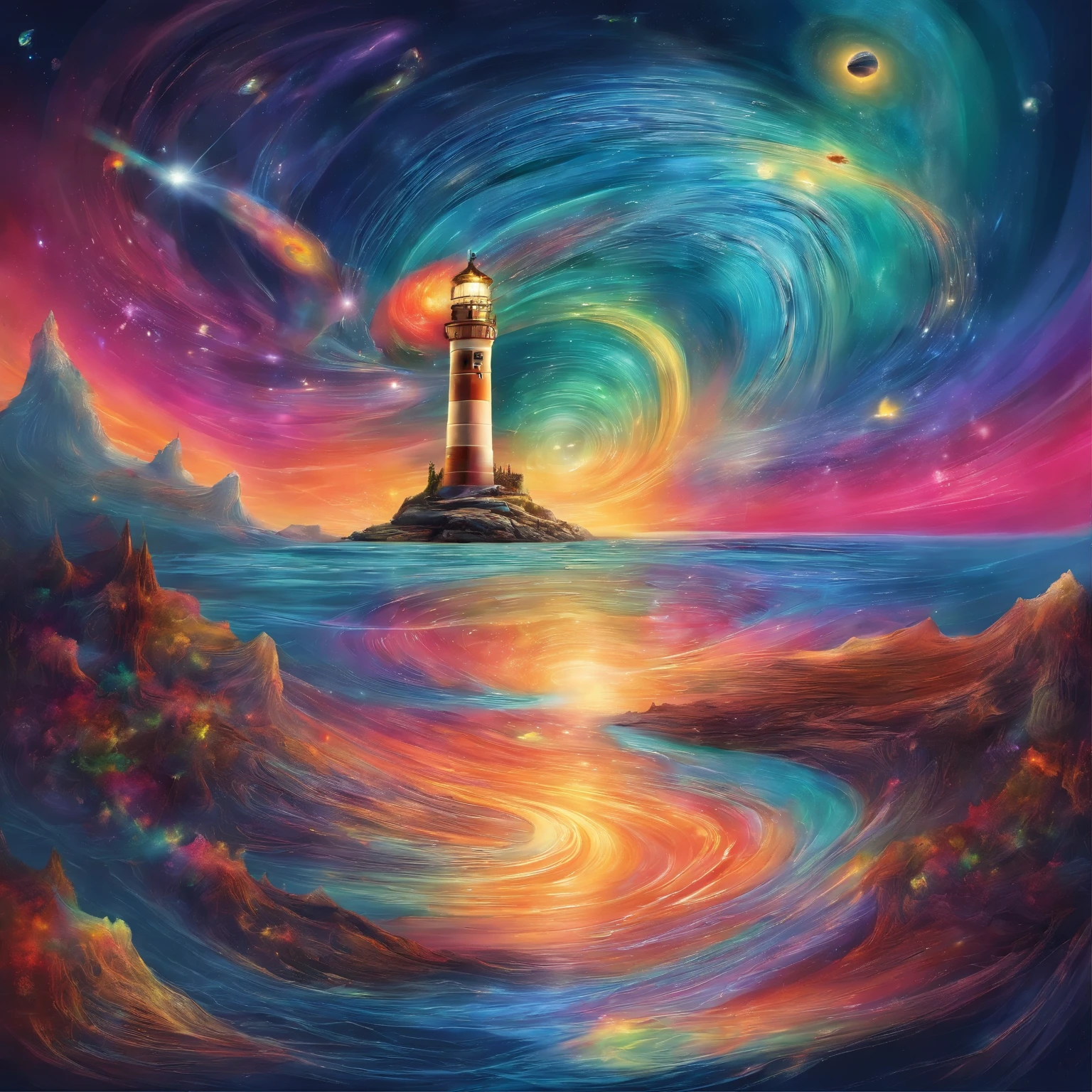 best quality, incredibly absurdres, extremely detailed, planet is topped by a lighthouse the same size as the planet, a rainbow-colored laser beam is emitted from the lighthouse, a mixture of motion blur, action lines, speed lines, and various art., background galaxy